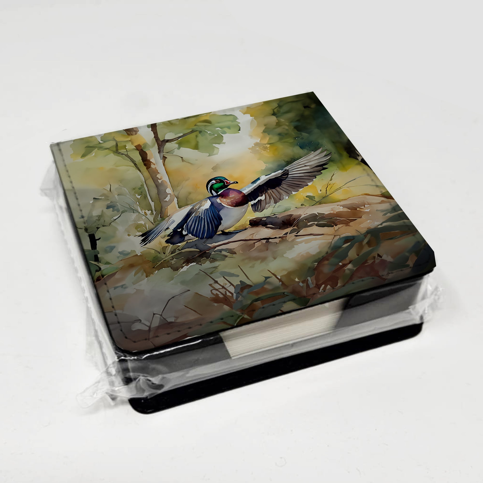 Wood Duck Taking Flight Watercolor PU Leather Note Paper Holder with Artist-Designed Cover, Desk Accessory, Office Gift