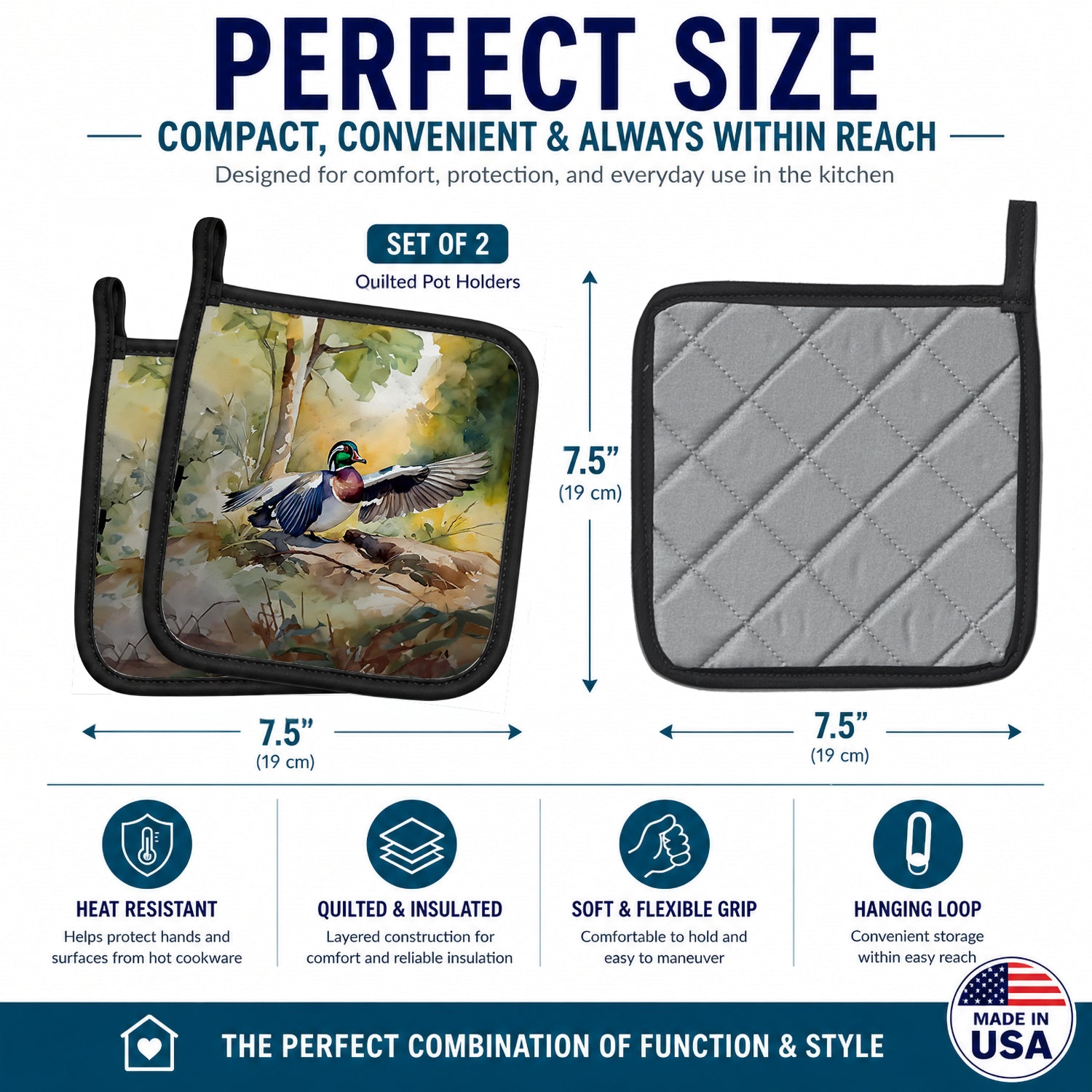 Wood Duck Taking Flight Watercolor Pot Holder Set of 2 Heat Resistant Quilted Hot Pads 7.5 x 7.5 Inch, Insulated Kitchen Trivets for Cooking & Baking