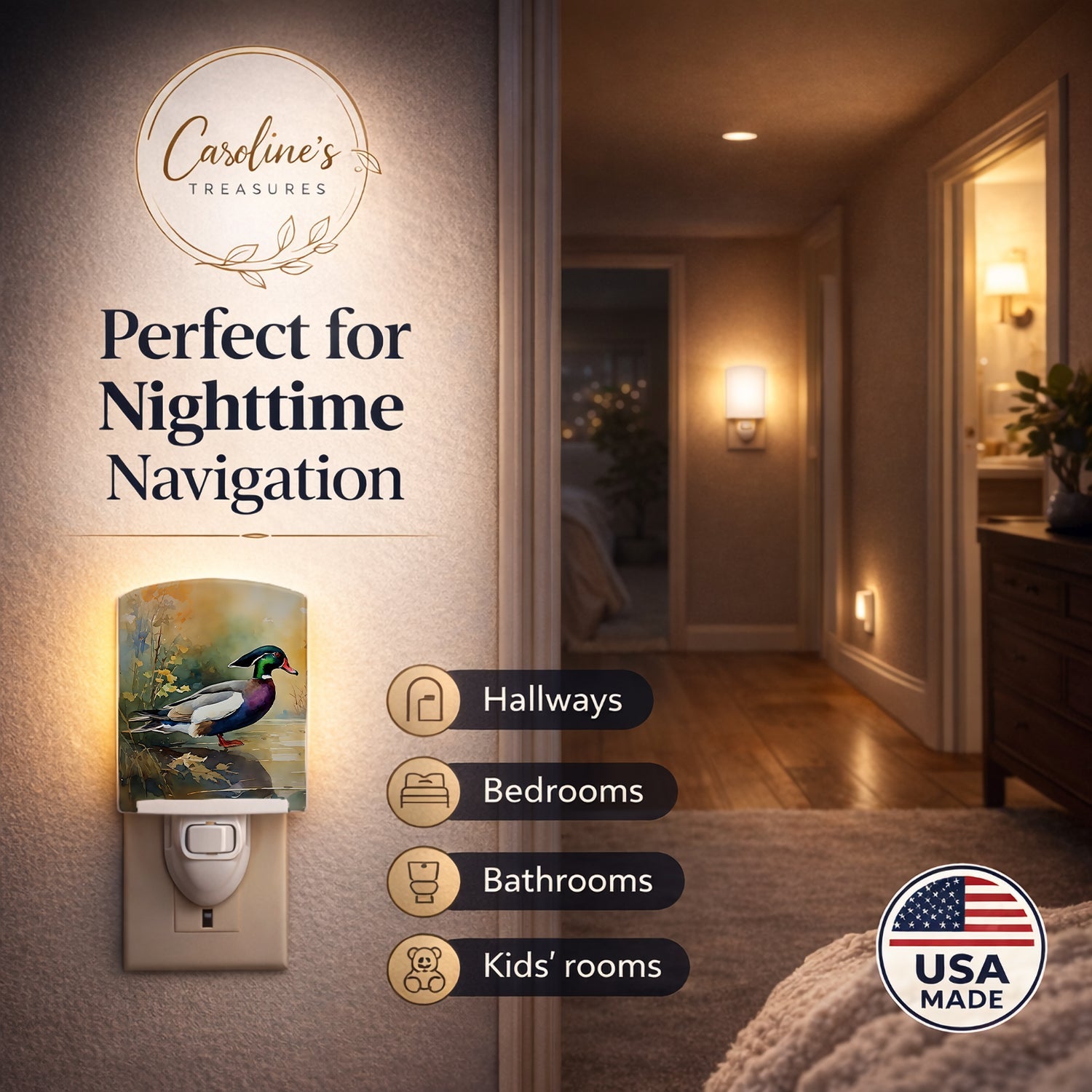 Wood Duck Swimming Woodland Watercolor Ceramic Night Light Compact, UL-Certified, Ideal for Bedroom, Bathroom, Nursery, Hallway, Kitchen, 6x4x3, Multicolor