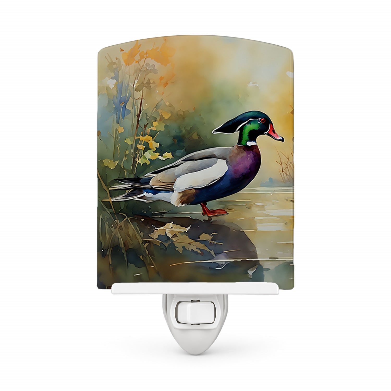 Wood Duck Swimming Woodland Watercolor Ceramic Night Light Compact, UL-Certified, Ideal for Bedroom, Bathroom, Nursery, Hallway, Kitchen, 6x4x3, Multicolor