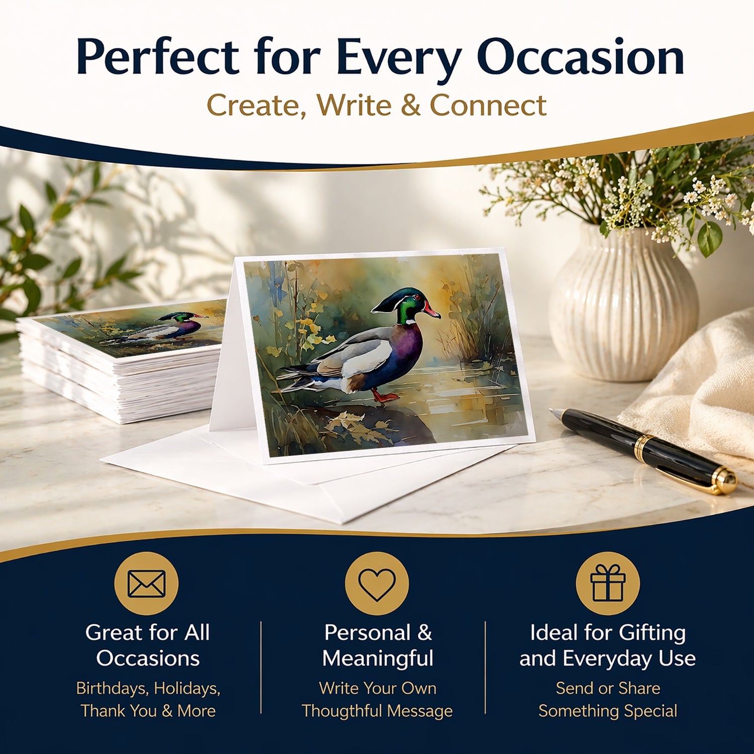 Wood Duck Swimming Woodland Watercolor Greeting Cards Pack of 8 Blank Cards with Envelopes Whimsical A7 Size 5x7