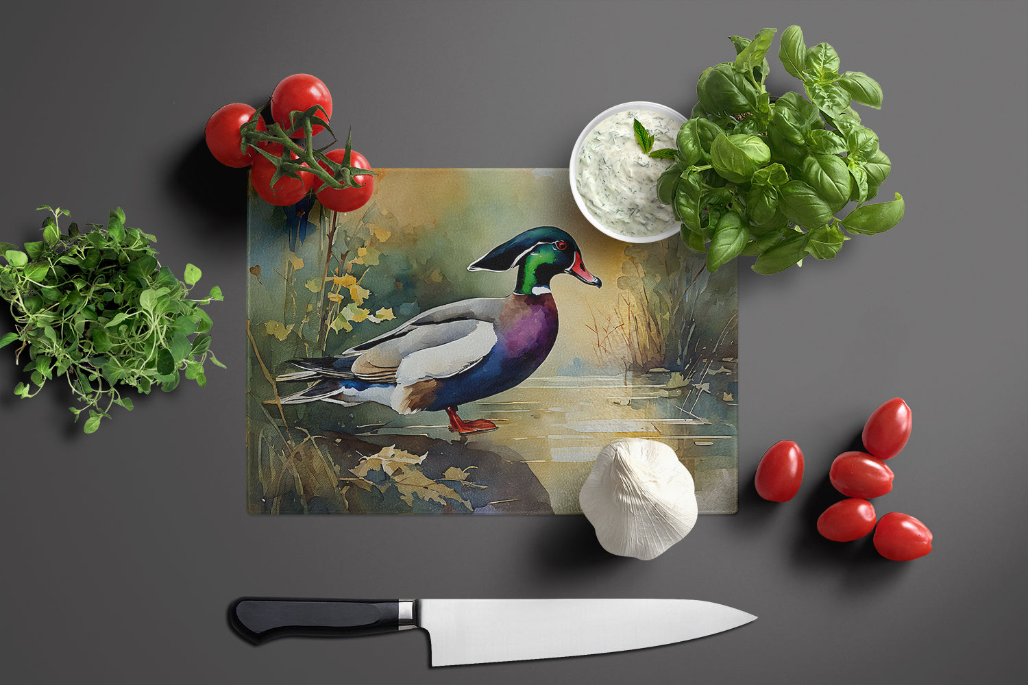 Wood Duck Swimming Woodland Watercolor Cutting Board Tempered Glass Kitchen Cutting Surface, Heat Resistant Chopping, Non-Slip Feet, Food Prep & Serving