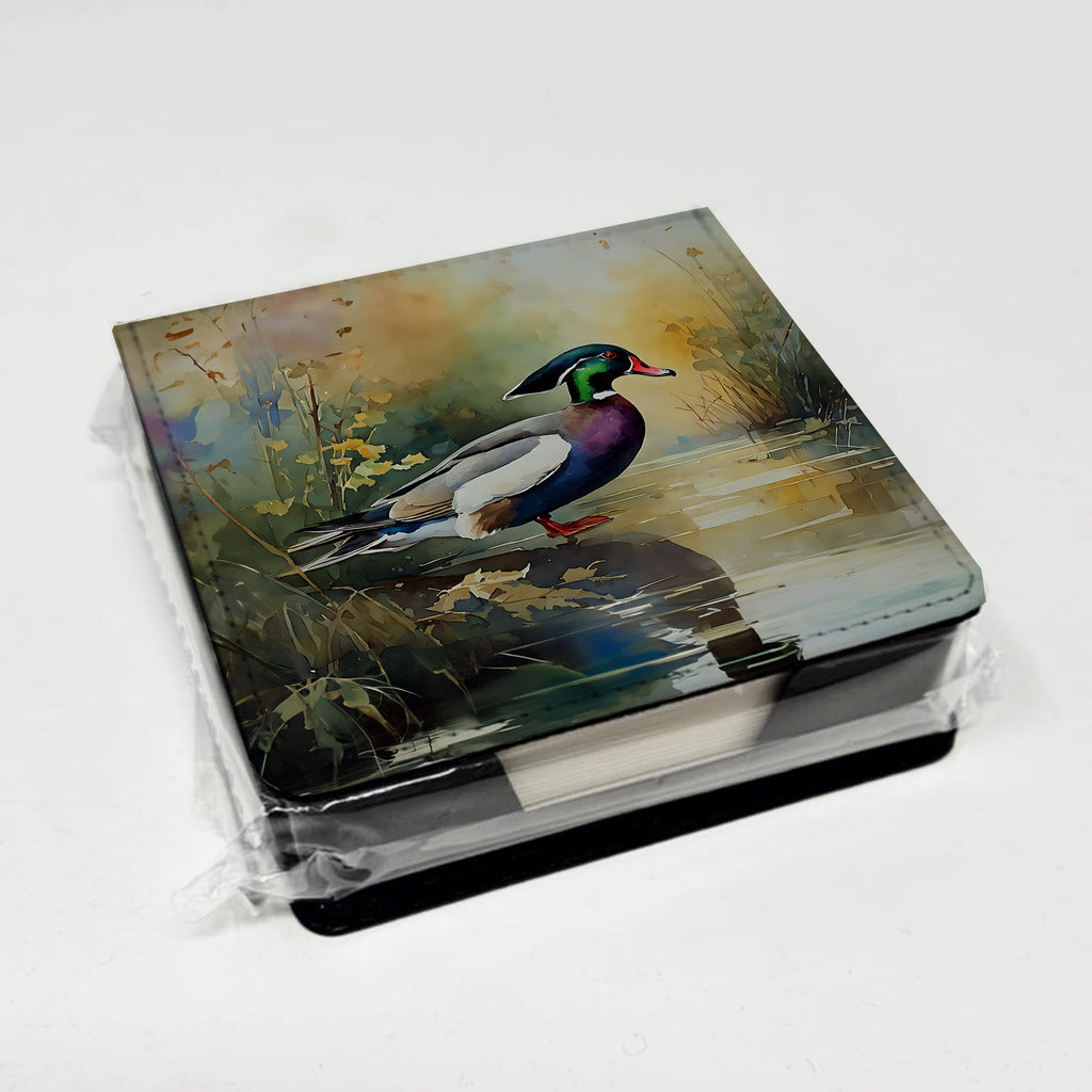 Wood Duck Swimming Woodland Watercolor PU Leather Note Paper Holder with Artist-Designed Cover, Desk Accessory, Office Gift