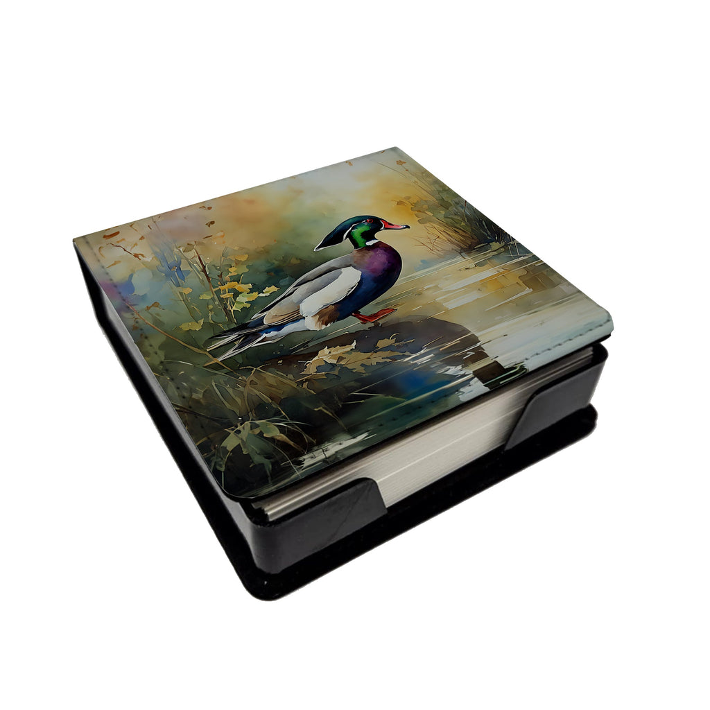 Wood Duck Swimming Woodland Watercolor PU Leather Note Paper Holder with Artist-Designed Cover, Desk Accessory, Office Gift