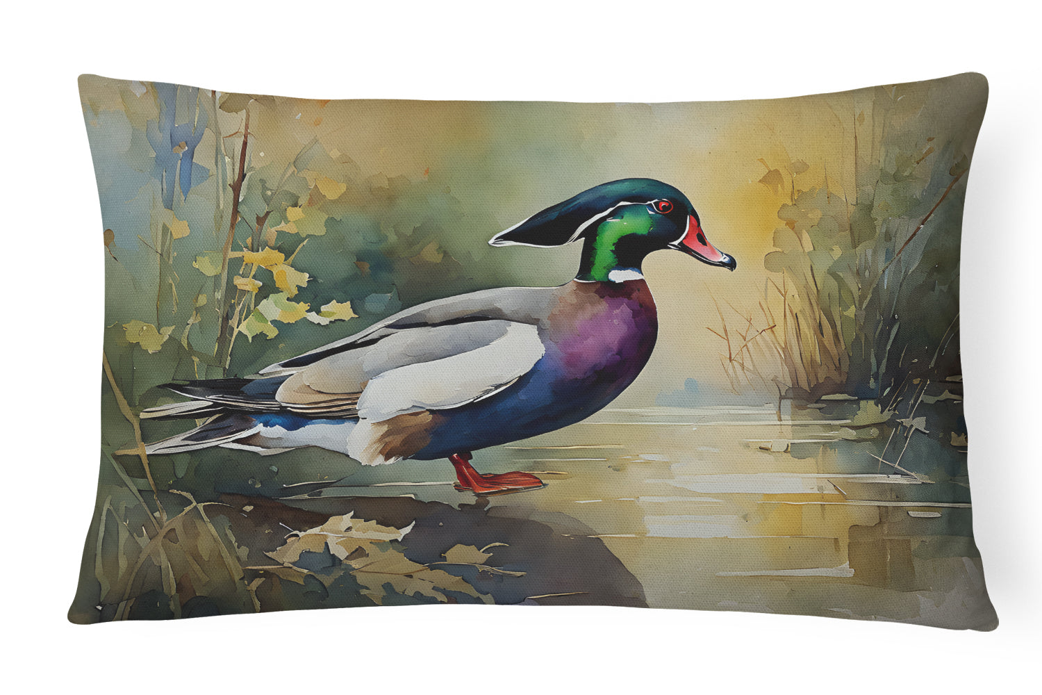 Wood Duck Swimming Woodland Watercolor Decorative Throw Pillow 12x16 Indoor Outdoor Accent Cushion, Fabric Cover with Insert for Sofa, Bed, Porch & Living Room