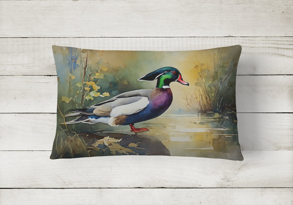 Wood Duck Swimming Woodland Watercolor Decorative Throw Pillow 12x16 Indoor Outdoor Accent Cushion, Fabric Cover with Insert for Sofa, Bed, Porch & Living Room