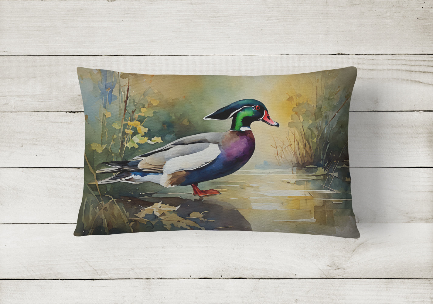 Wood Duck Swimming Woodland Watercolor Decorative Throw Pillow 12x16 Indoor Outdoor Accent Cushion, Fabric Cover with Insert for Sofa, Bed, Porch & Living Room