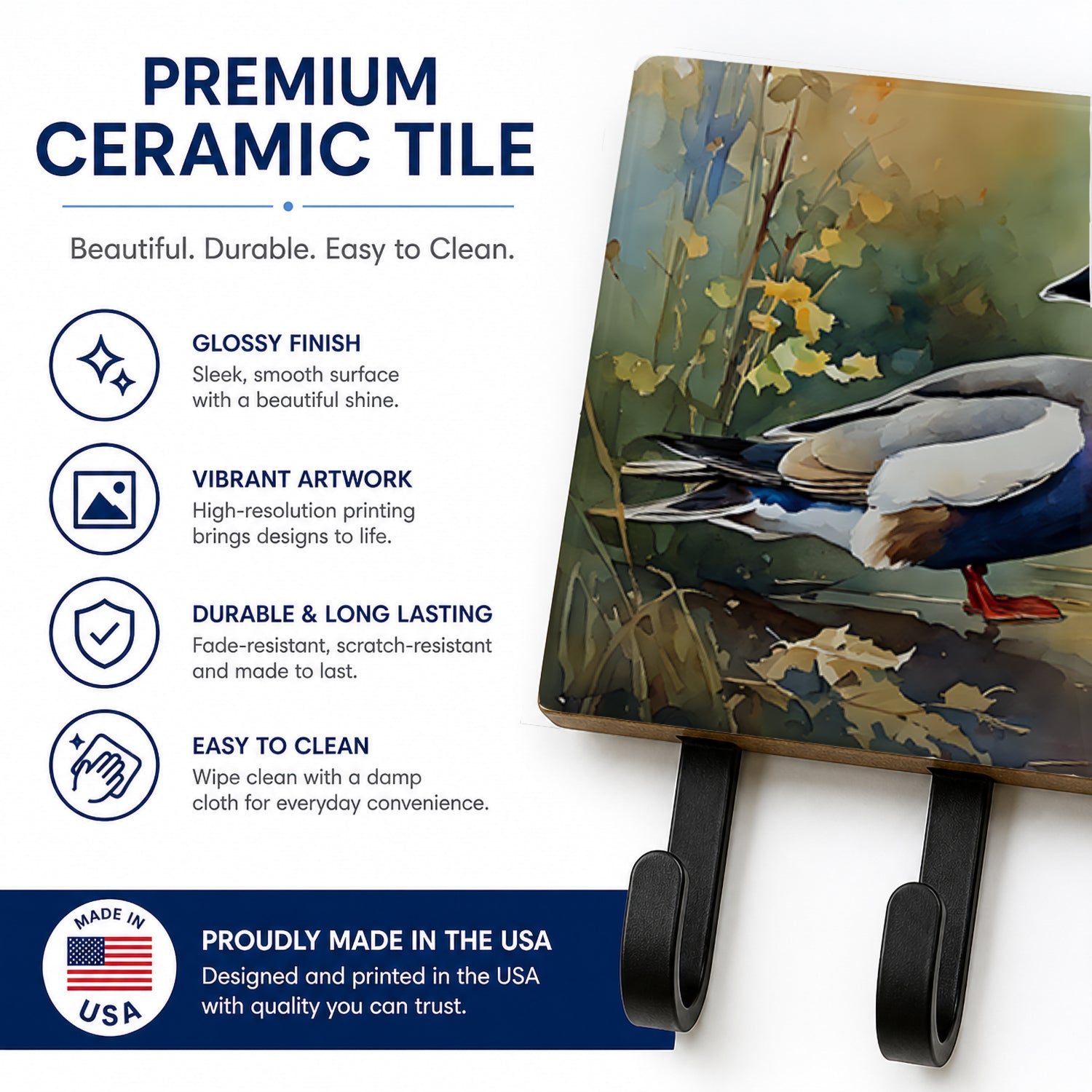 Wood Duck Swimming Woodland Watercolor Leash or Key Holder Wall Hooks, Coat Rack Wall Mount, for Hanging Keys, Towels, Aprons, Leashes