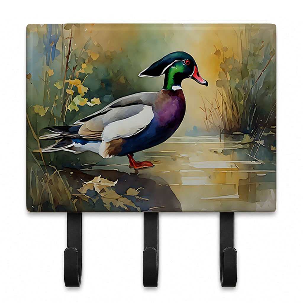 Wood Duck Swimming Woodland Watercolor Leash or Key Holder Wall Hooks, Coat Rack Wall Mount, for Hanging Keys, Towels, Aprons, Leashes