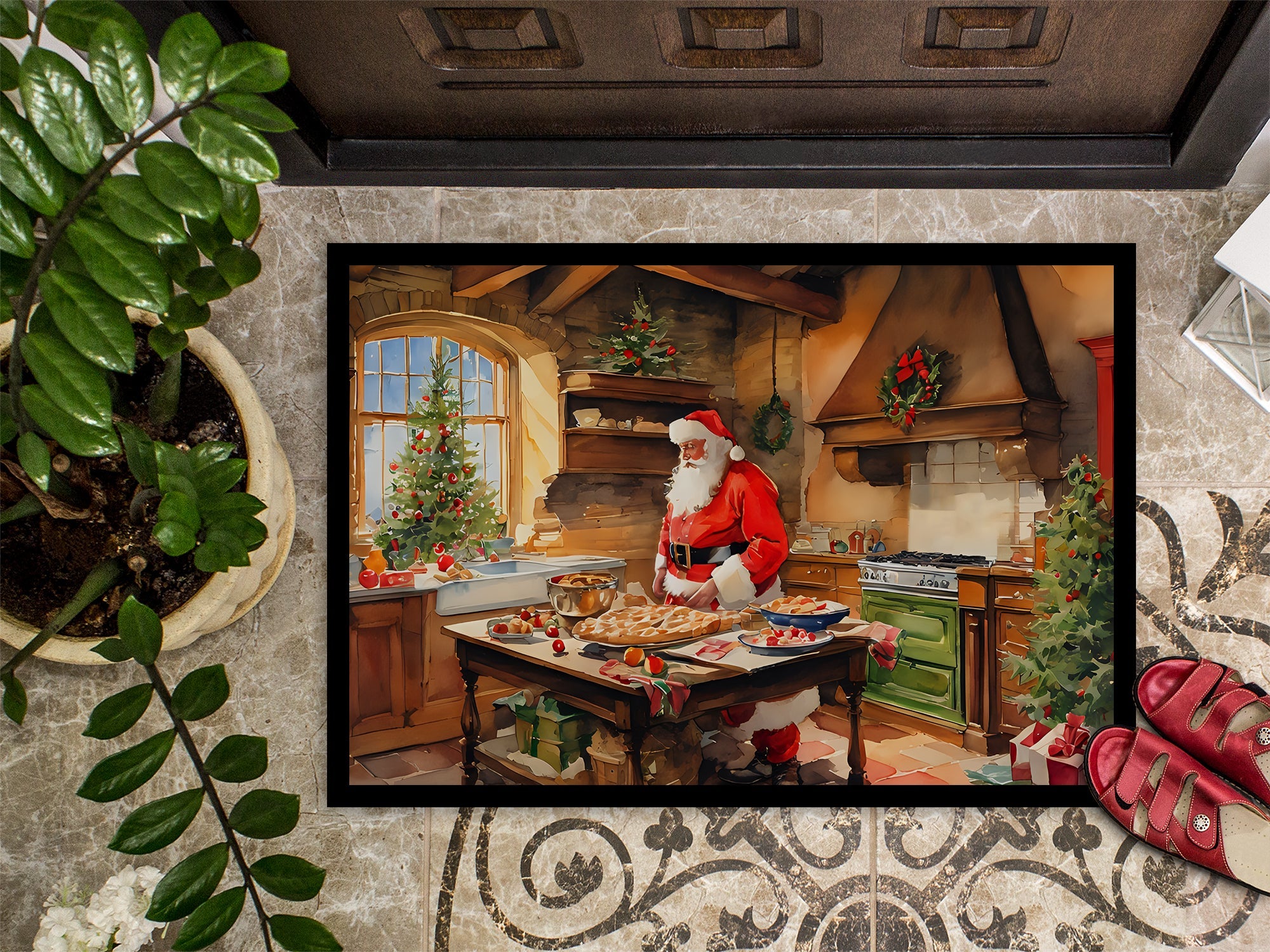 Cookies with Santa Claus Father Christmas Doormat Indoor Outdoor 18H X 27W Front Door Mat Rugs for Entryway, Non Slip Washable