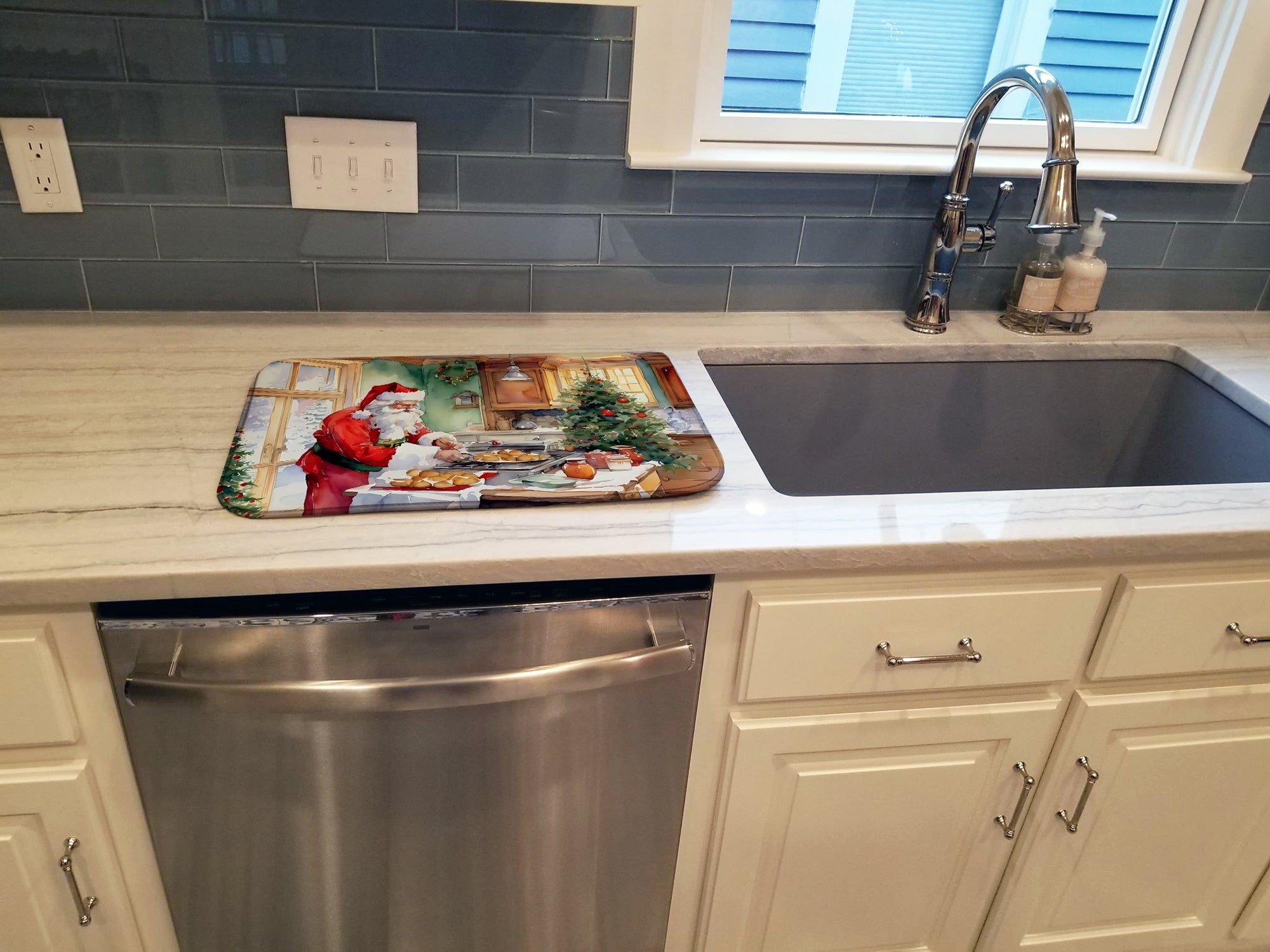 Cookies with Santa Claus Father Christmas Dish Drying Mat Absorbent Dish Drying Mat Pad for Kitchen Counter Dish Drainer Mat for Countertop, 14 x 21", Multicolor