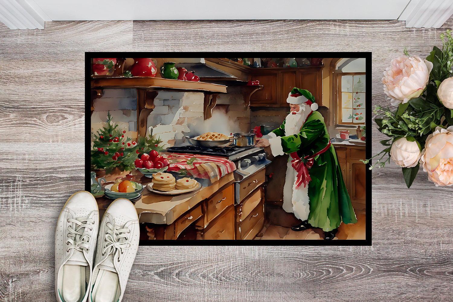 Cookies with Santa Claus Father Christmas Doormat Indoor Outdoor 18H X 27W Front Door Mat Rugs for Entryway, Non Slip Washable