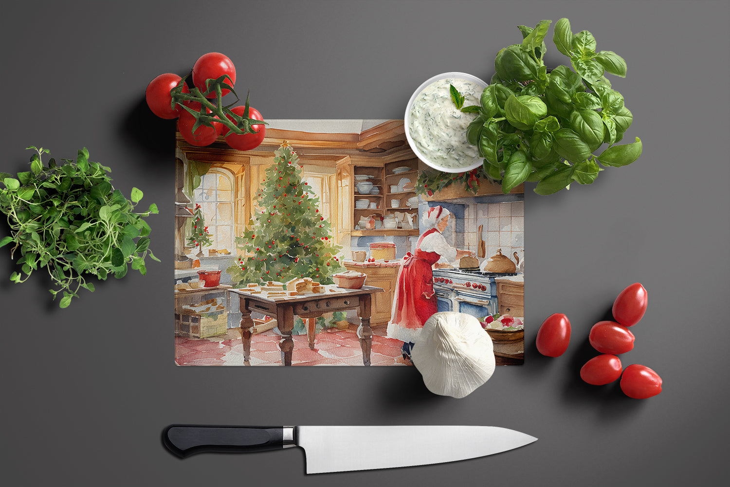 Cookies with Santa Claus Mrs. Claus Cutting Board Tempered Glass Kitchen Cutting Surface, Heat Resistant Chopping, Non-Slip Feet, Food Prep & Serving