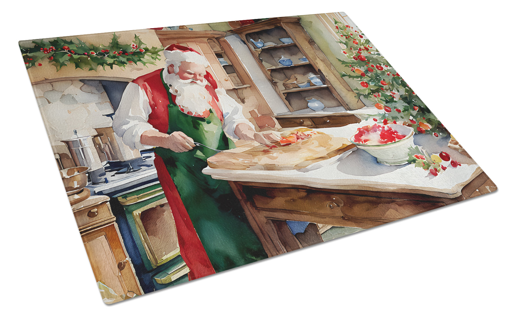 Cookies with Santa Claus Cutting Board Tempered Glass Kitchen Cutting Surface, Heat Resistant Chopping, Non-Slip Feet, Food Prep & Serving