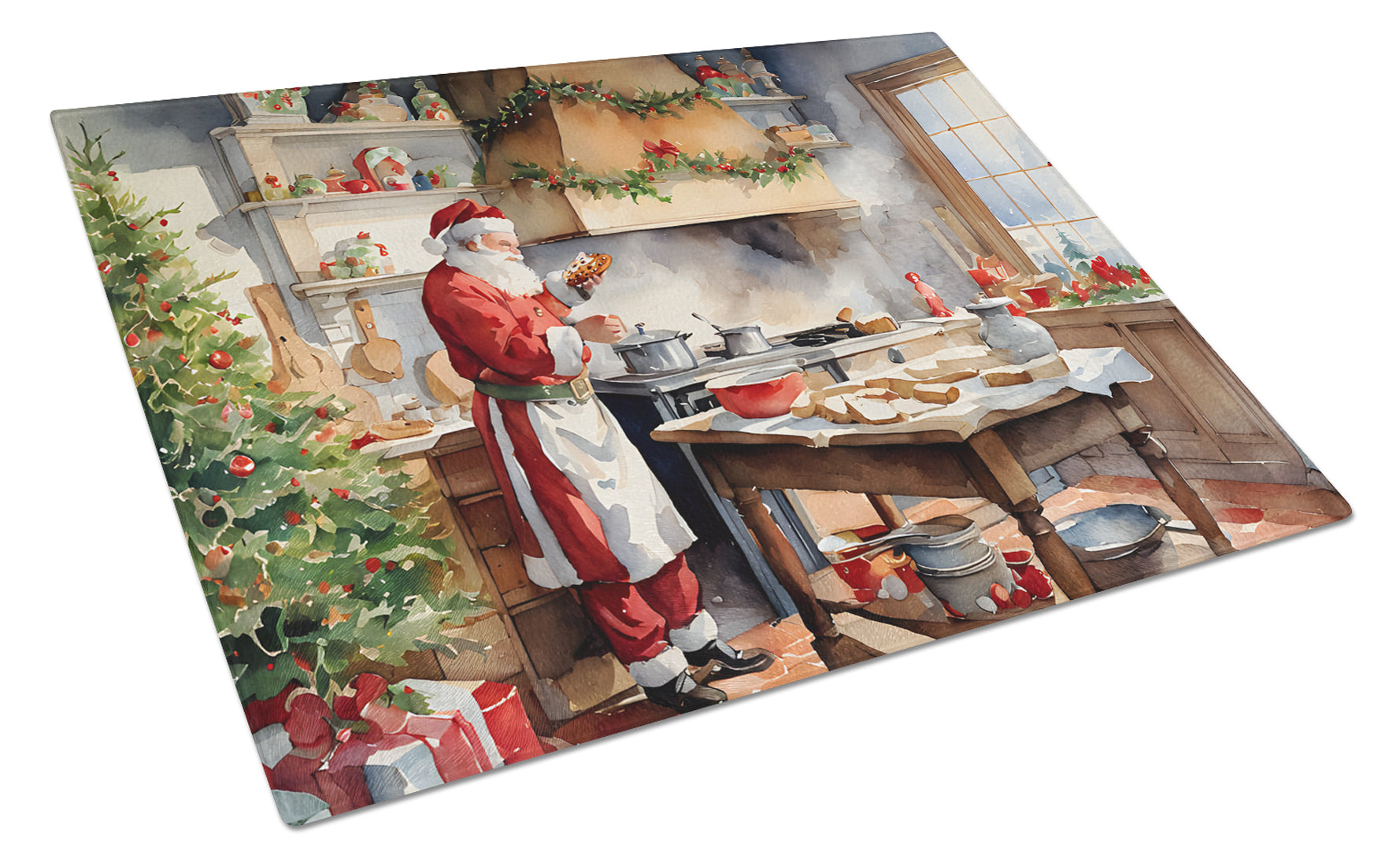 Cookies with Santa Claus Cutting Board Tempered Glass Kitchen Cutting Surface, Heat Resistant Chopping, Non-Slip Feet, Food Prep & Serving