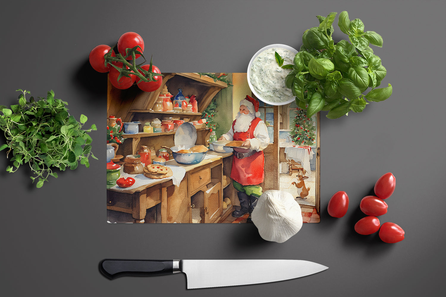 Cookies with Santa Claus Cutting Board Tempered Glass Kitchen Cutting Surface, Heat Resistant Chopping, Non-Slip Feet, Food Prep & Serving
