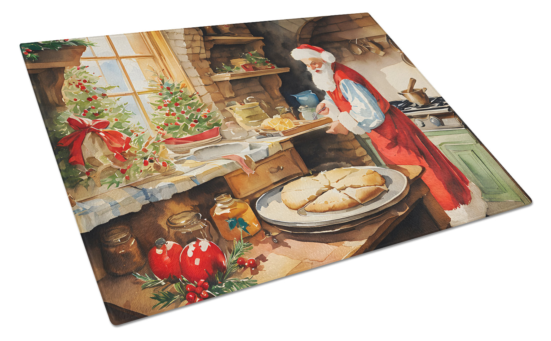 Cookies with Santa Claus Cutting Board Tempered Glass Kitchen Cutting Surface, Heat Resistant Chopping, Non-Slip Feet, Food Prep & Serving