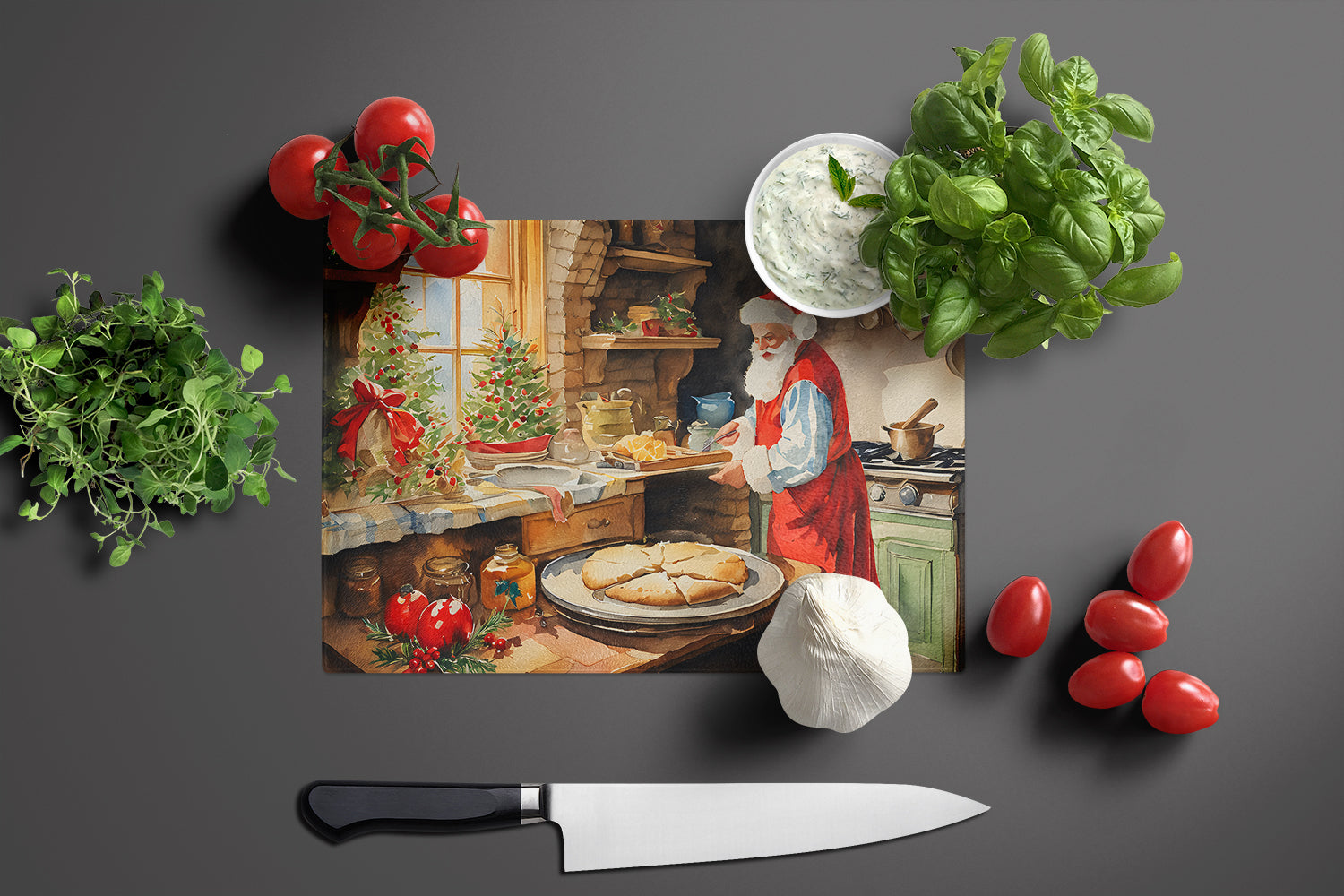 Cookies with Santa Claus Cutting Board Tempered Glass Kitchen Cutting Surface, Heat Resistant Chopping, Non-Slip Feet, Food Prep & Serving