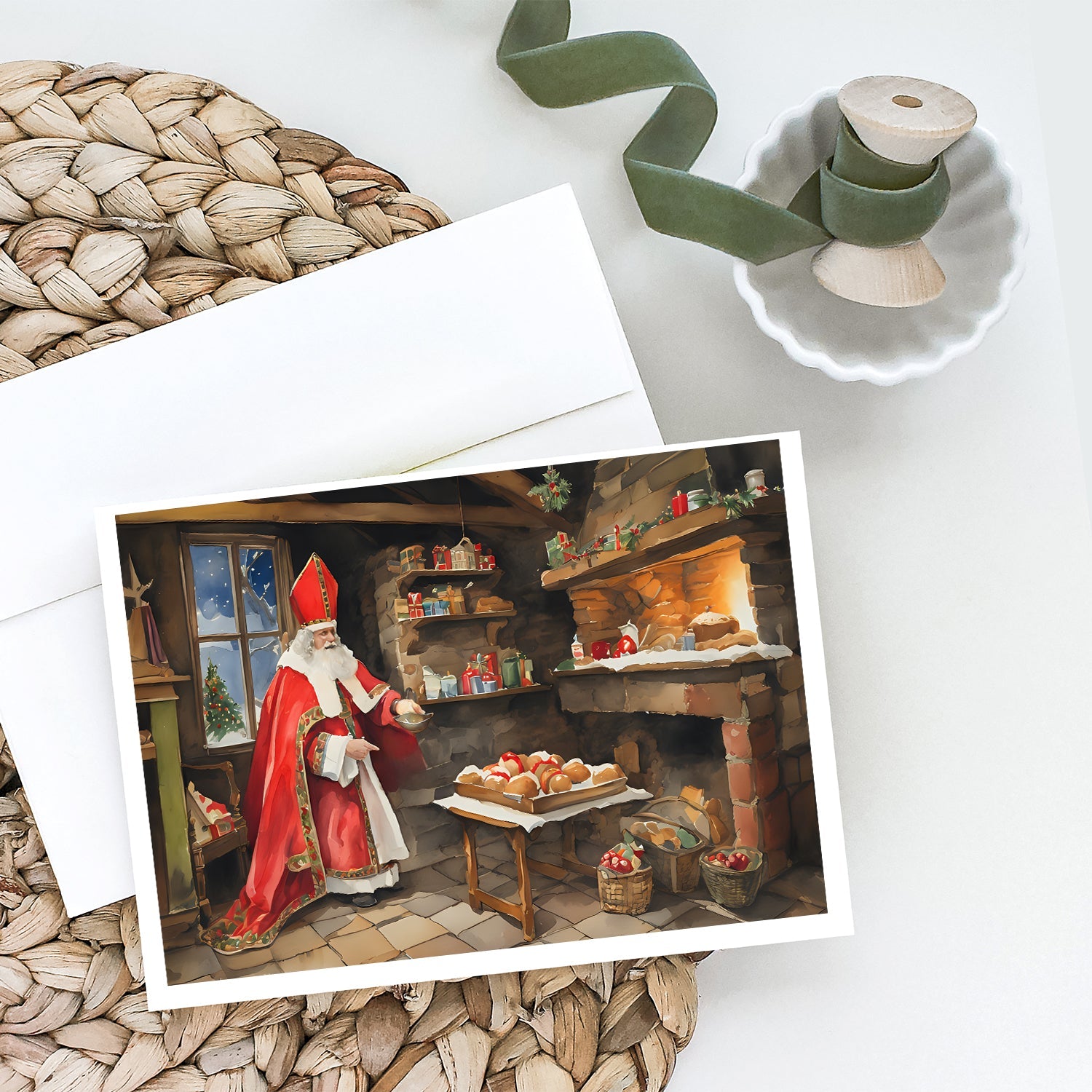 Cookies with Santa Claus Sinterklaas Greeting Cards Pack of 8 Blank Cards with Envelopes Whimsical A7 Size 5x7