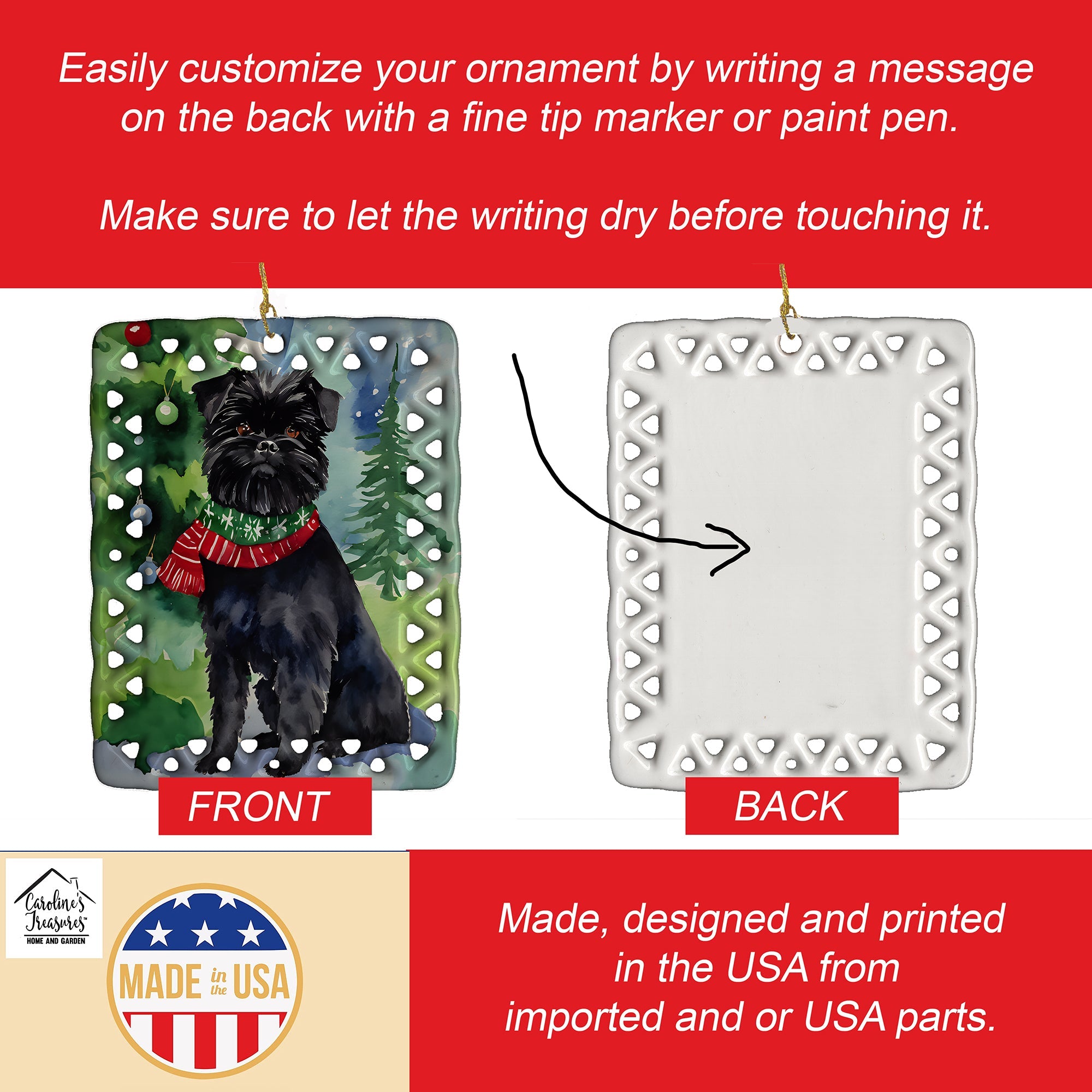 Affenpinscher Christmas Porcelain Ornament Christmas Tree Hanging Decorations for Home Christmas Holiday, Rectangle, Gift, Multicolor