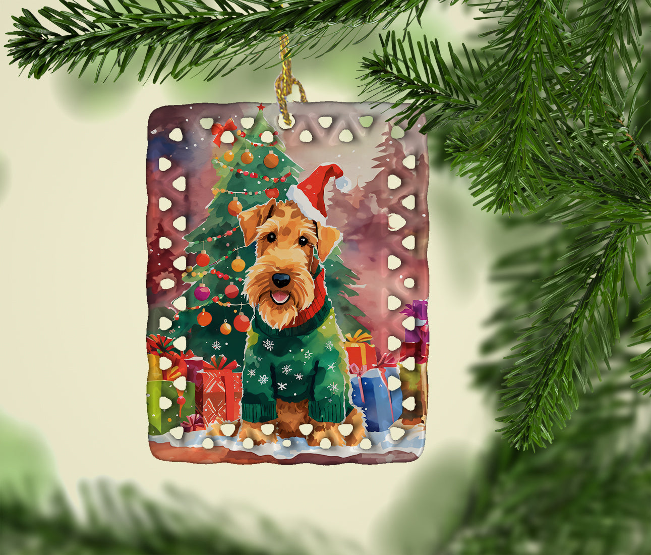 Airedale Terrier Christmas Porcelain Ornament Christmas Tree Hanging Decorations for Home Christmas Holiday, Rectangle, Gift, Multicolor