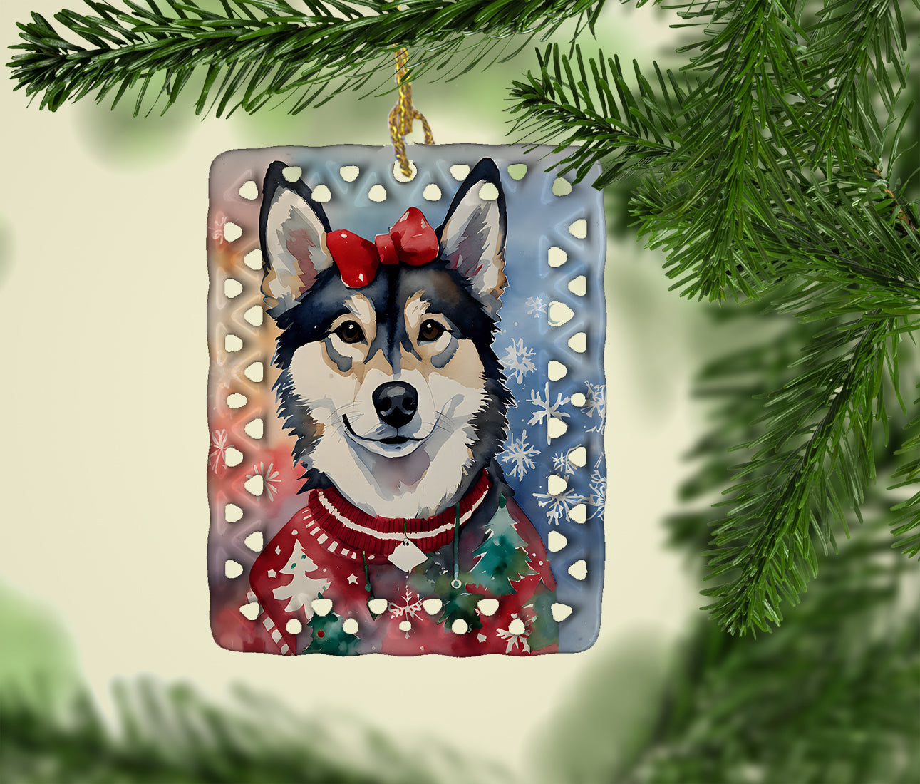 Alaskan Klee Kai Christmas Porcelain Ornament Christmas Tree Hanging Decorations for Home Christmas Holiday, Rectangle, Gift, Multicolor