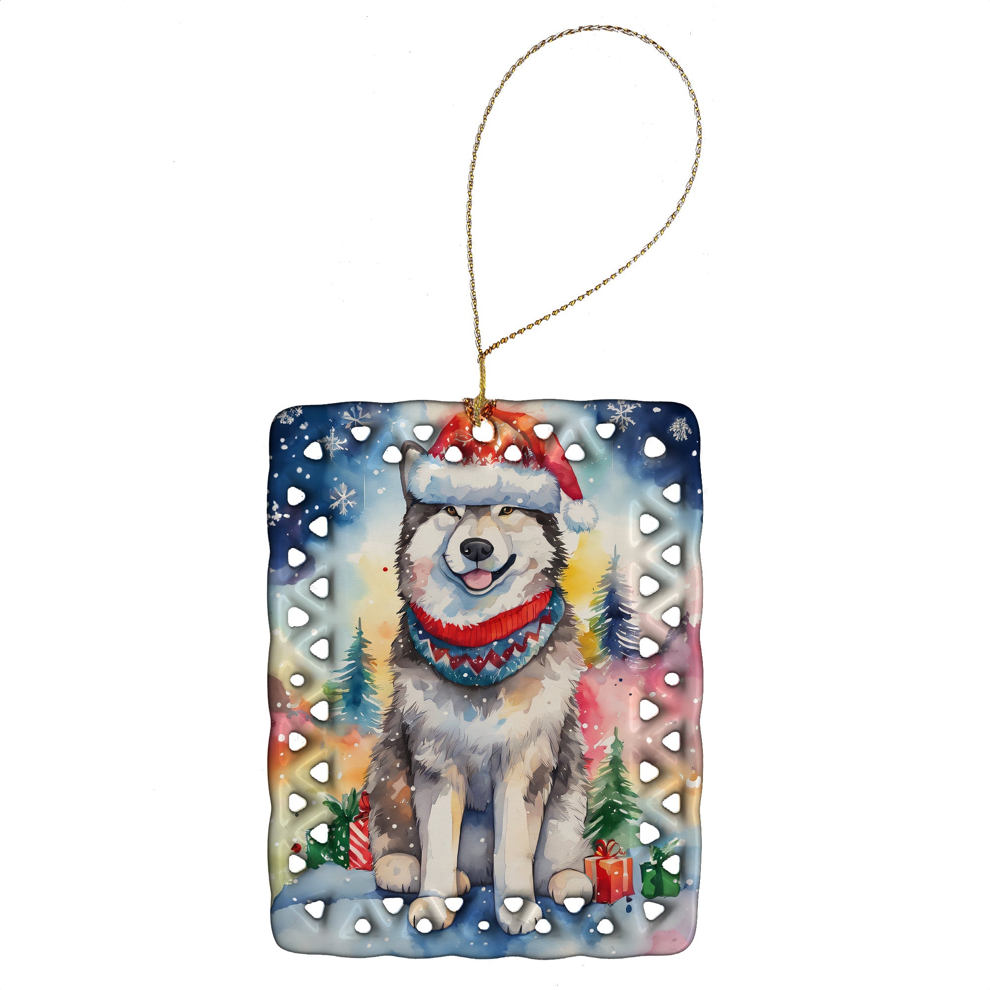Alaskan Malamute Christmas Porcelain Ornament Christmas Tree Hanging Decorations for Home Christmas Holiday, Rectangle, Gift, Multicolor