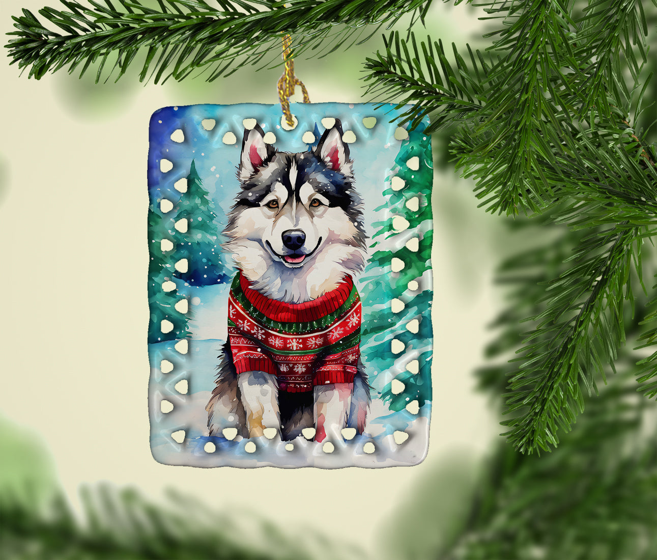 Alaskan Malamute Christmas Porcelain Ornament Christmas Tree Hanging Decorations for Home Christmas Holiday, Rectangle, Gift, Multicolor