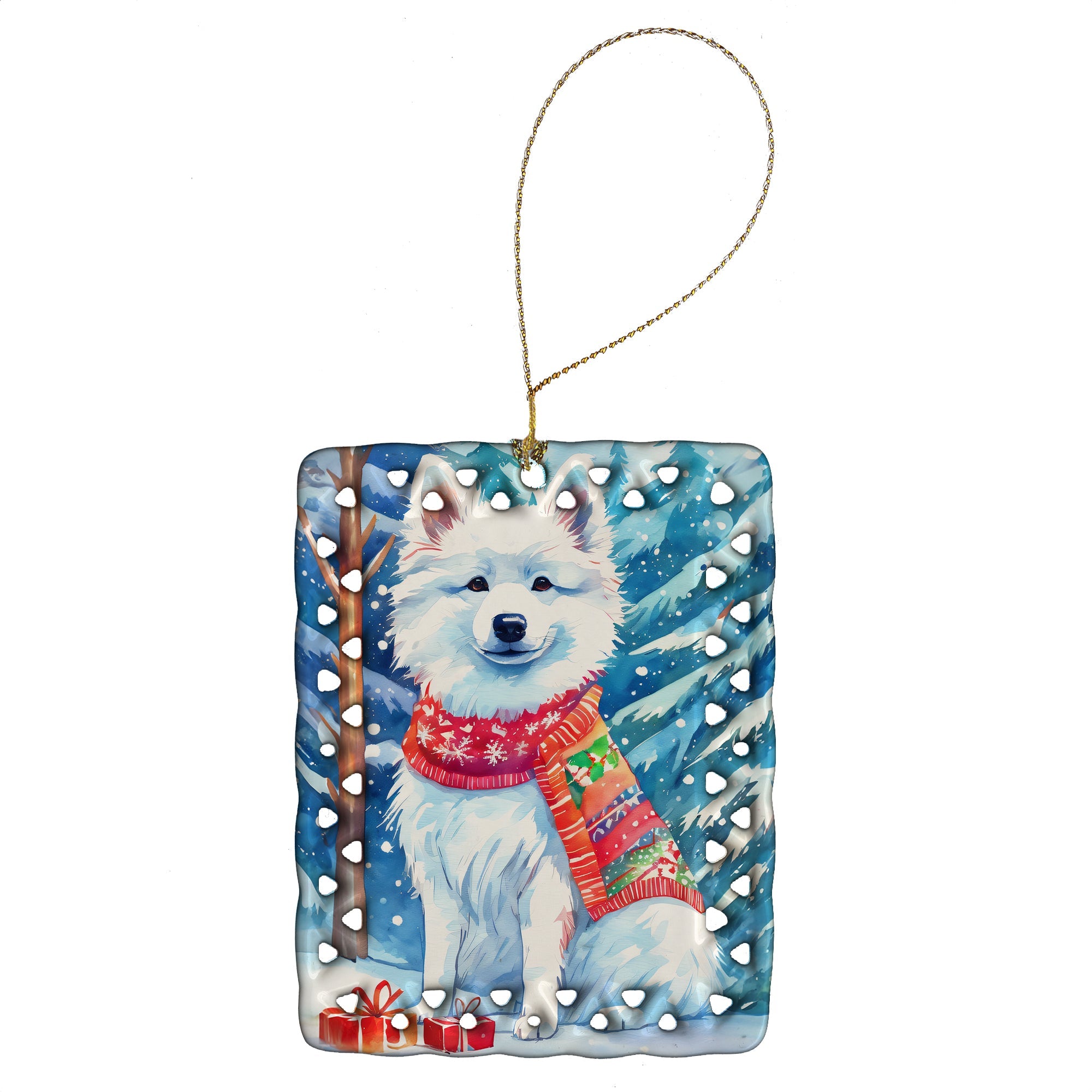 American Eskimo Christmas Porcelain Ornament Christmas Tree Hanging Decorations for Home Christmas Holiday, Rectangle, Gift, Multicolor