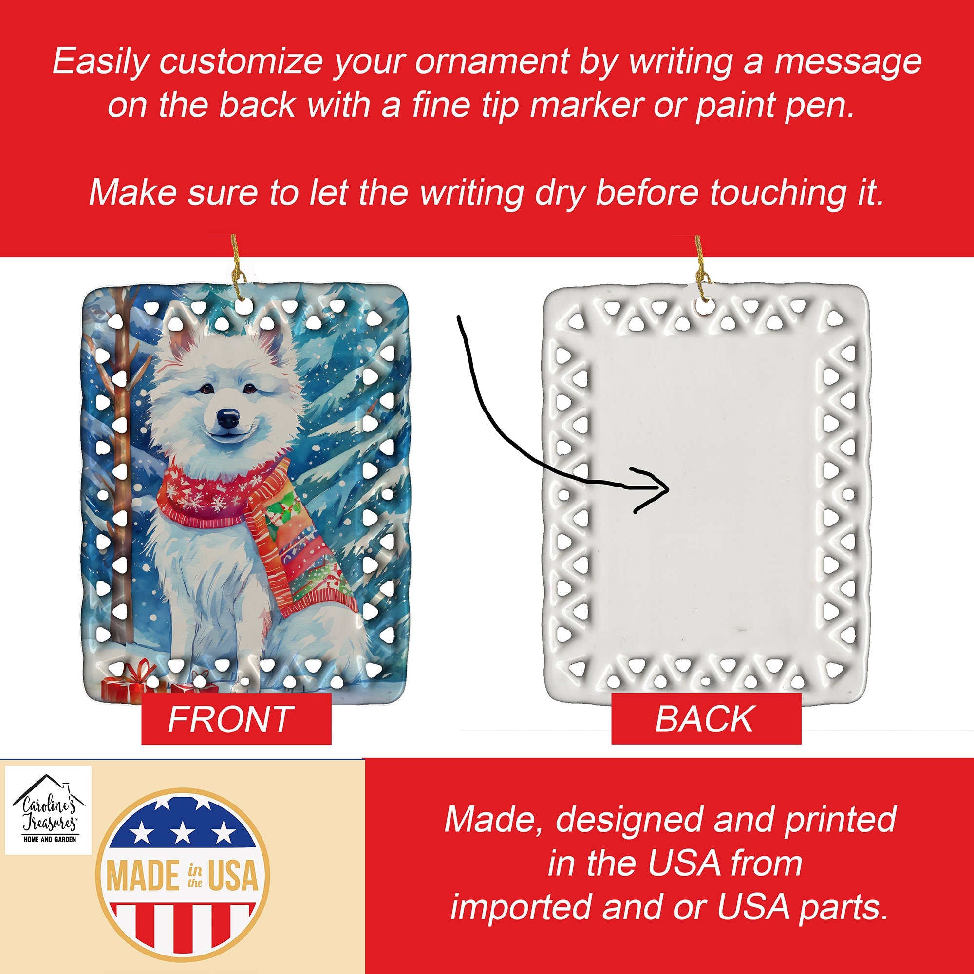 American Eskimo Christmas Porcelain Ornament Christmas Tree Hanging Decorations for Home Christmas Holiday, Rectangle, Gift, Multicolor