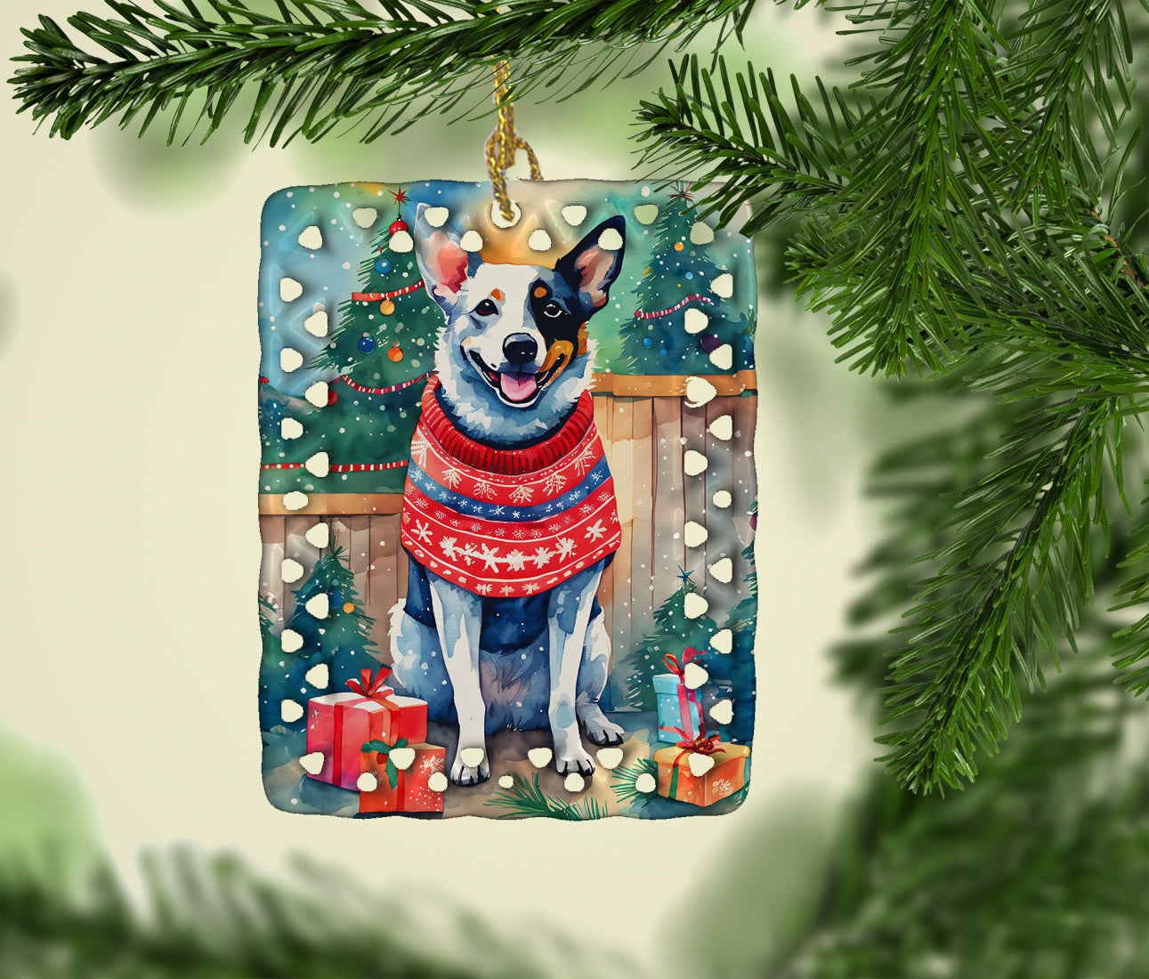 Australian Cattle Dog Christmas Porcelain Ornament Christmas Tree Hanging Decorations for Home Christmas Holiday, Rectangle, Gift, Multicolor