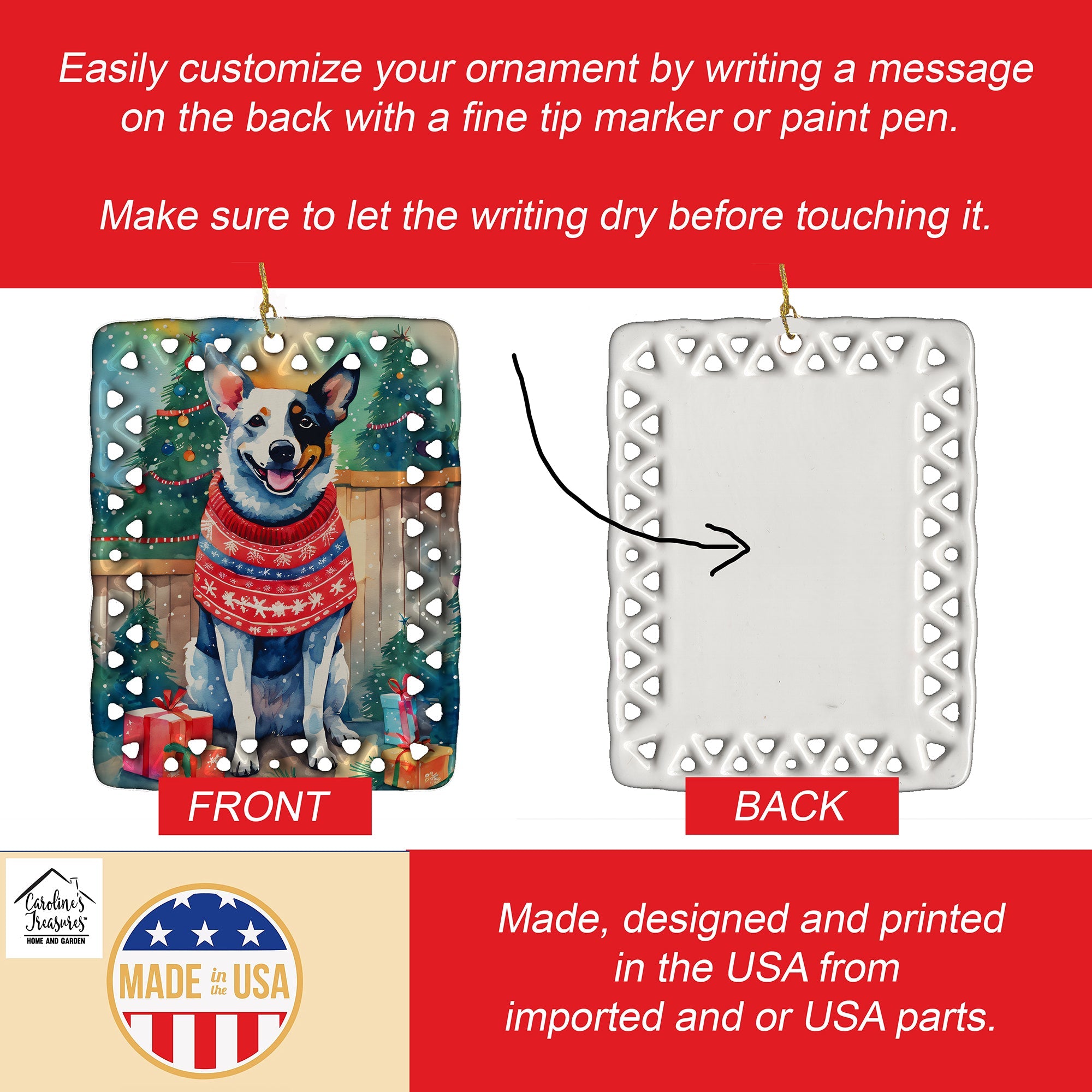 Australian Cattle Dog Christmas Porcelain Ornament Christmas Tree Hanging Decorations for Home Christmas Holiday, Rectangle, Gift, Multicolor