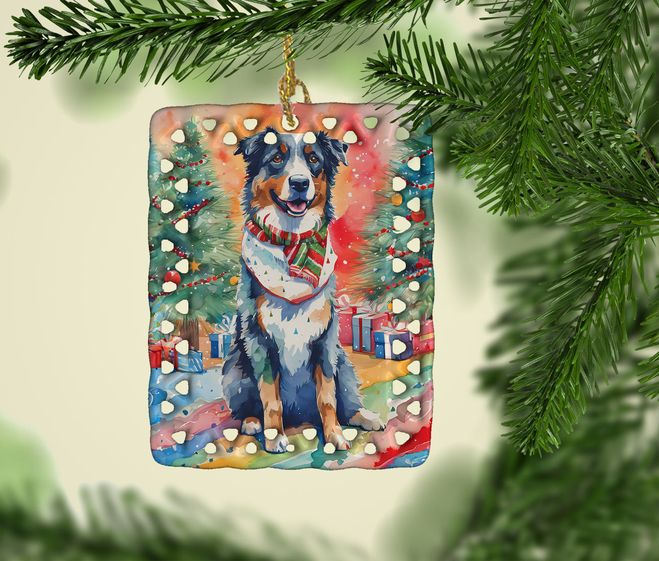 Australian Shepherd Christmas Porcelain Ornament Christmas Tree Hanging Decorations for Home Christmas Holiday, Rectangle, Gift, Multicolor