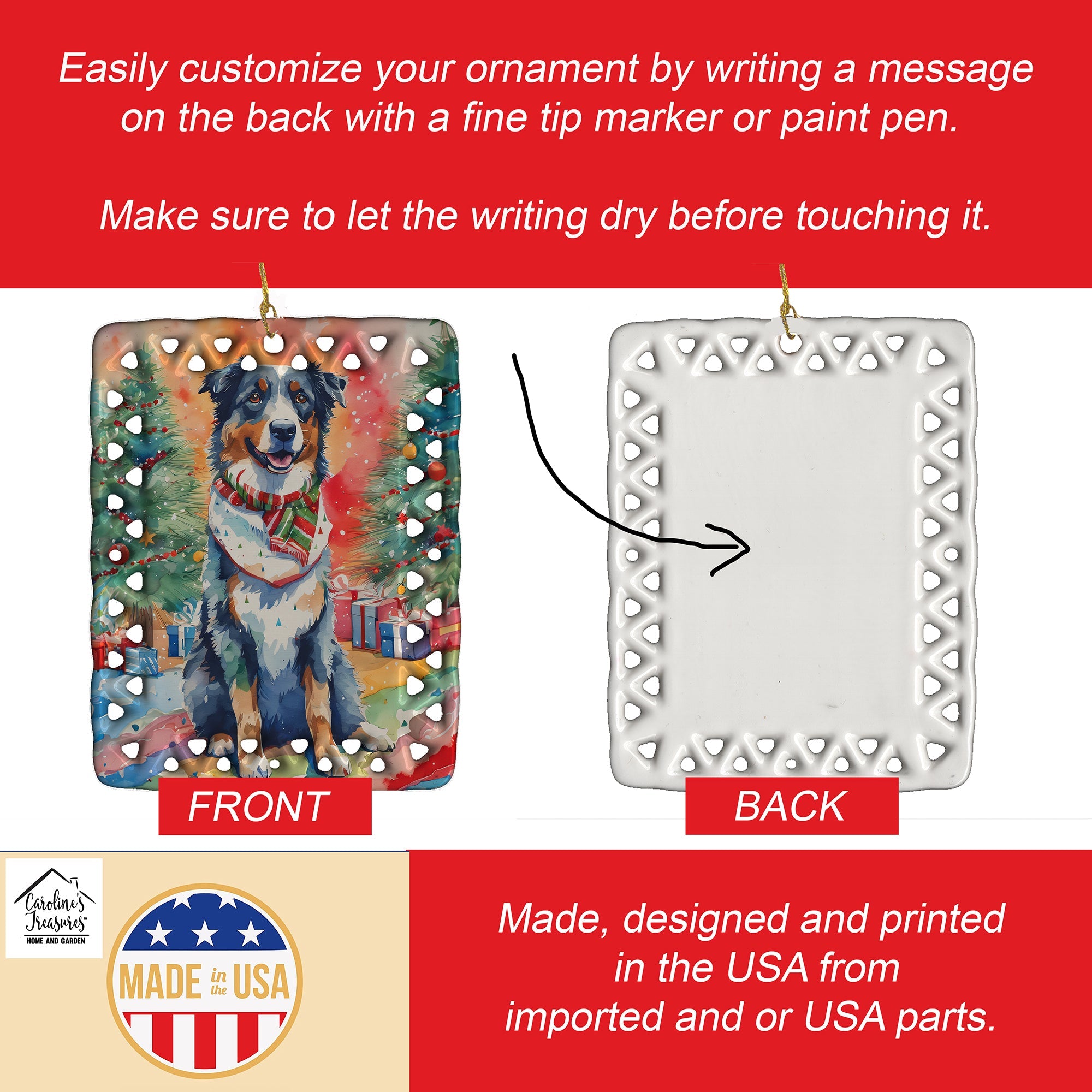 Australian Shepherd Christmas Porcelain Ornament Christmas Tree Hanging Decorations for Home Christmas Holiday, Rectangle, Gift, Multicolor