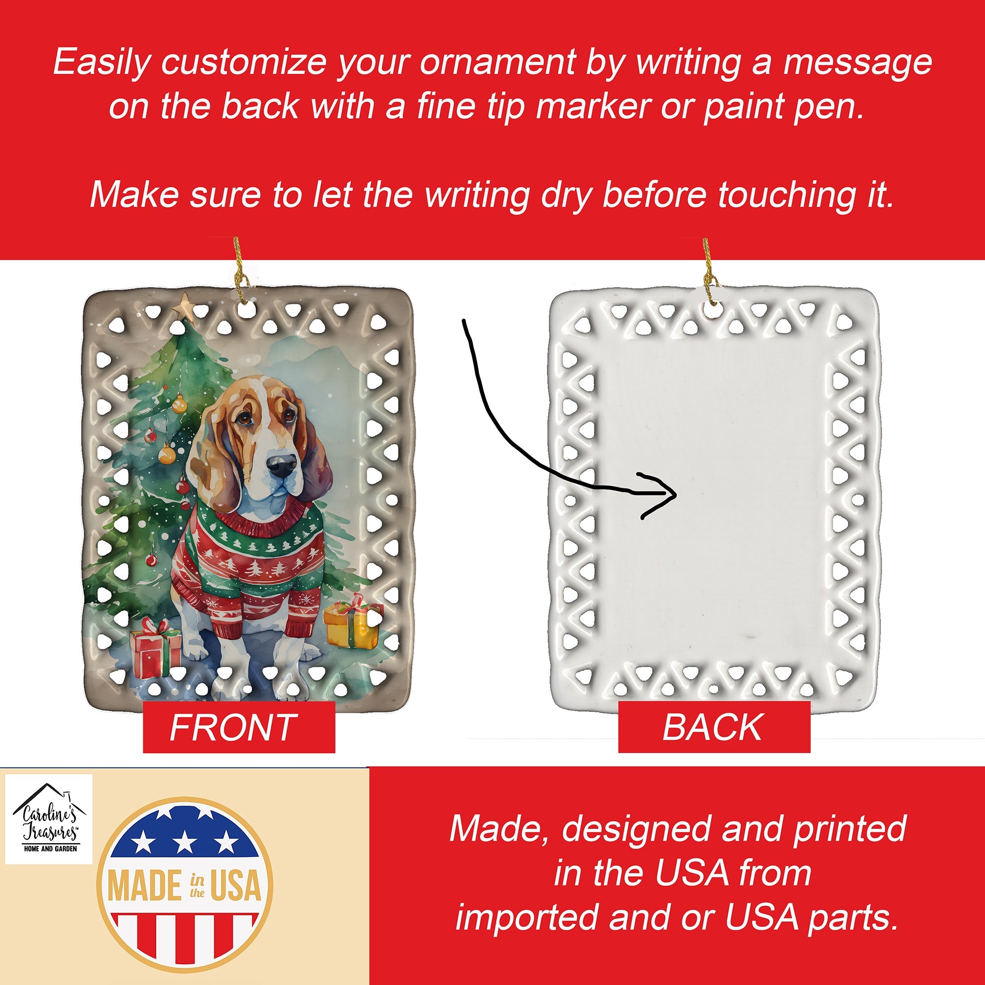 Basset Hound Christmas Porcelain Ornament Christmas Tree Hanging Decorations for Home Christmas Holiday, Rectangle, Gift, Multicolor