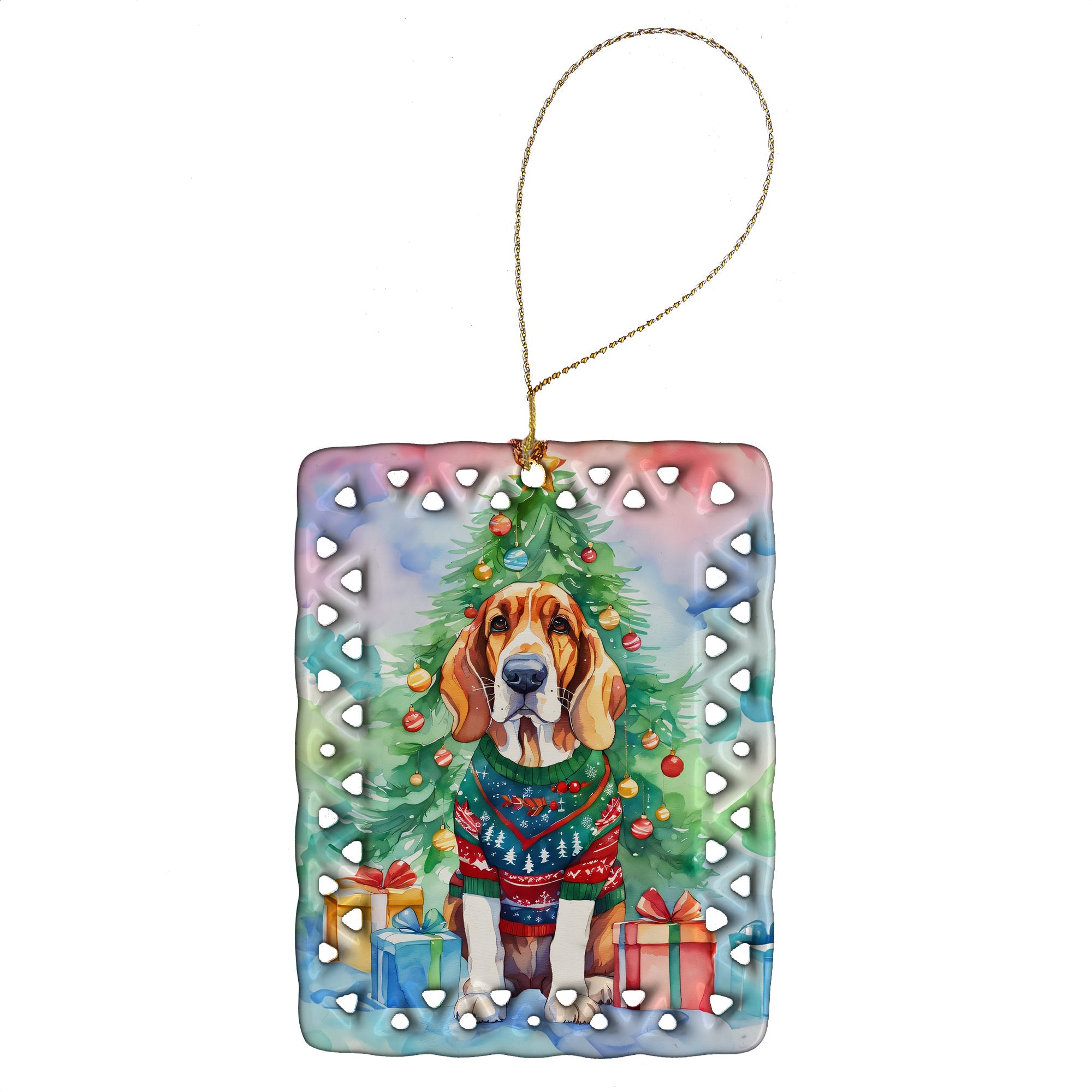 Basset Hound Christmas Porcelain Ornament Christmas Tree Hanging Decorations for Home Christmas Holiday, Rectangle, Gift, Multicolor