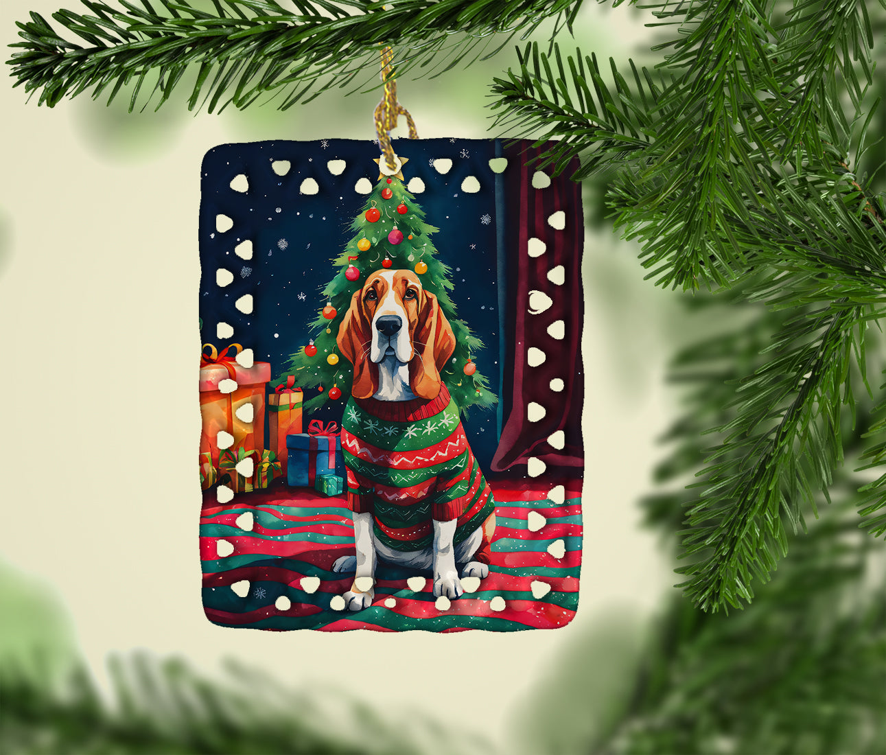 Basset Hound Christmas Porcelain Ornament Christmas Tree Hanging Decorations for Home Christmas Holiday, Rectangle, Gift, Multicolor