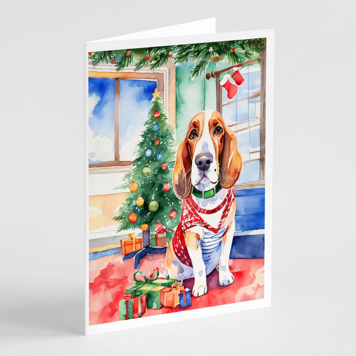 Basset Hound Christmas Greeting Cards Pack of 8 Blank Cards with Envelopes Whimsical A7 Size 5x7