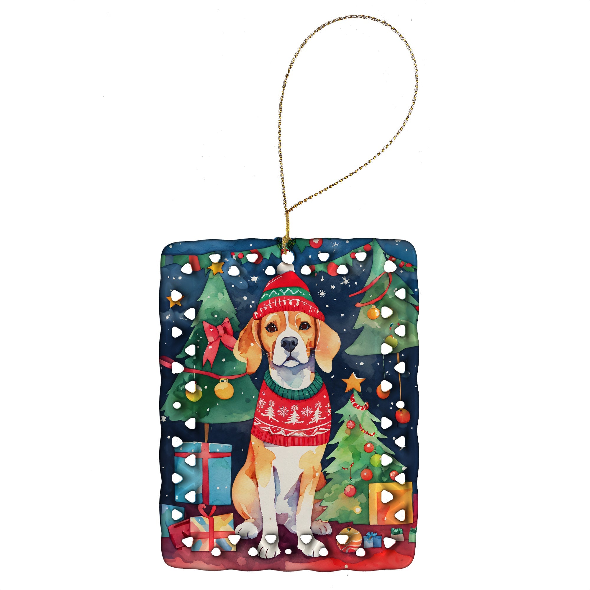 Beagle Christmas Porcelain Ornament Christmas Tree Hanging Decorations for Home Christmas Holiday, Rectangle, Gift, Multicolor