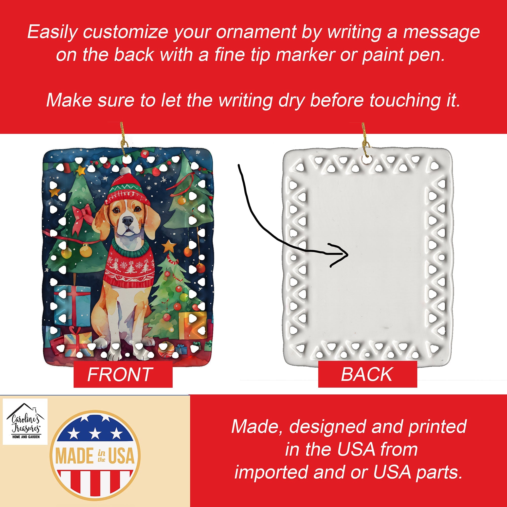 Beagle Christmas Porcelain Ornament Christmas Tree Hanging Decorations for Home Christmas Holiday, Rectangle, Gift, Multicolor