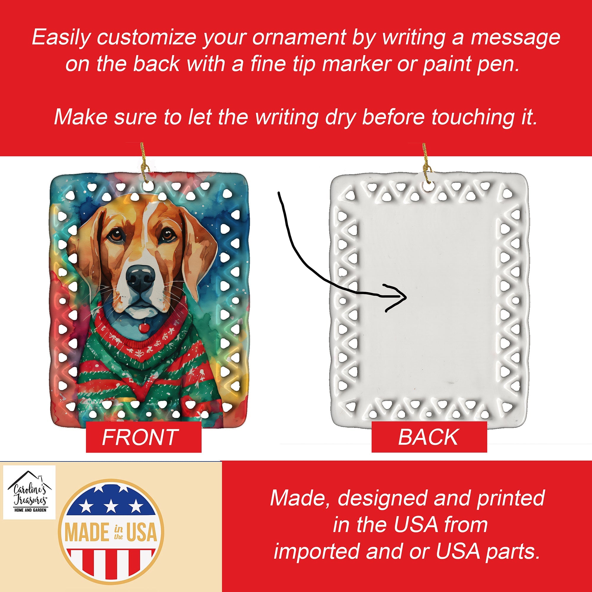 Beagle Christmas Porcelain Ornament Christmas Tree Hanging Decorations for Home Christmas Holiday, Rectangle, Gift, Multicolor