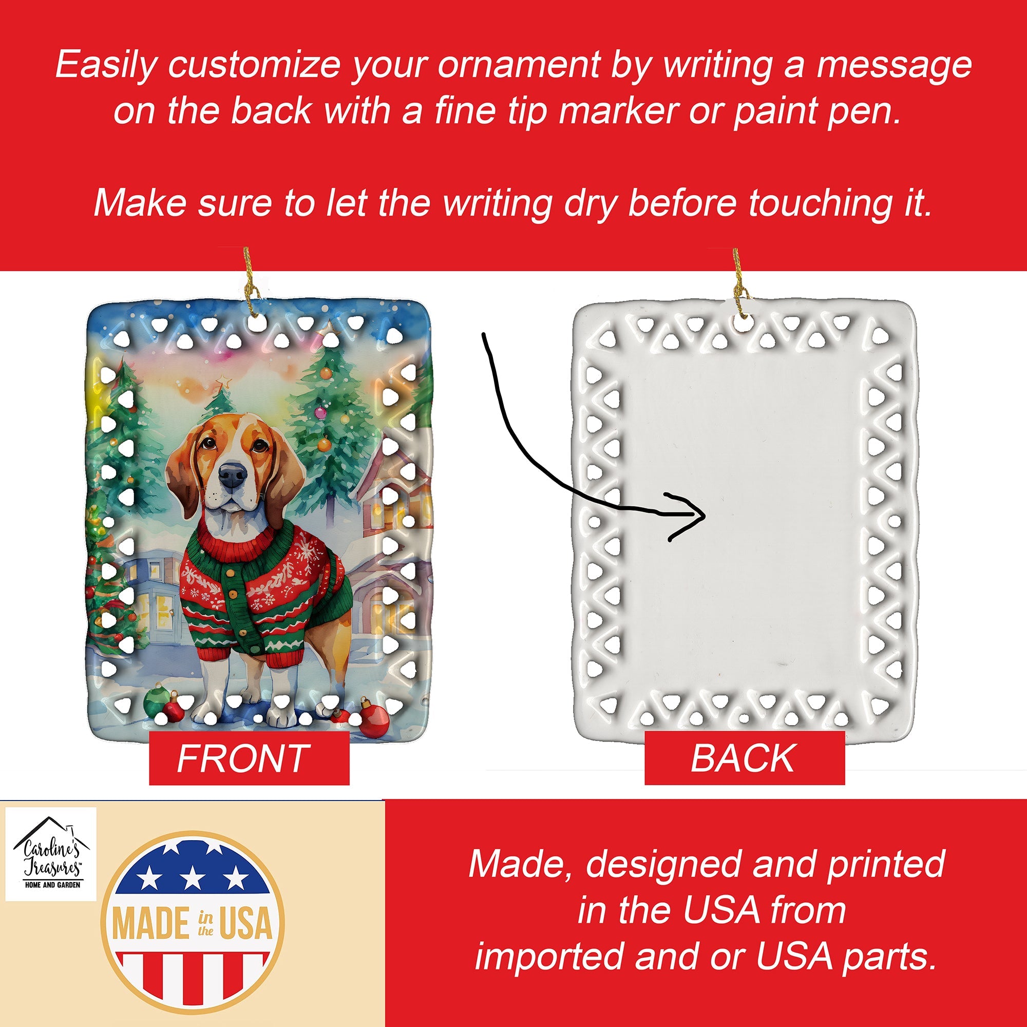 Beagle Christmas Porcelain Ornament Christmas Tree Hanging Decorations for Home Christmas Holiday, Rectangle, Gift, Multicolor