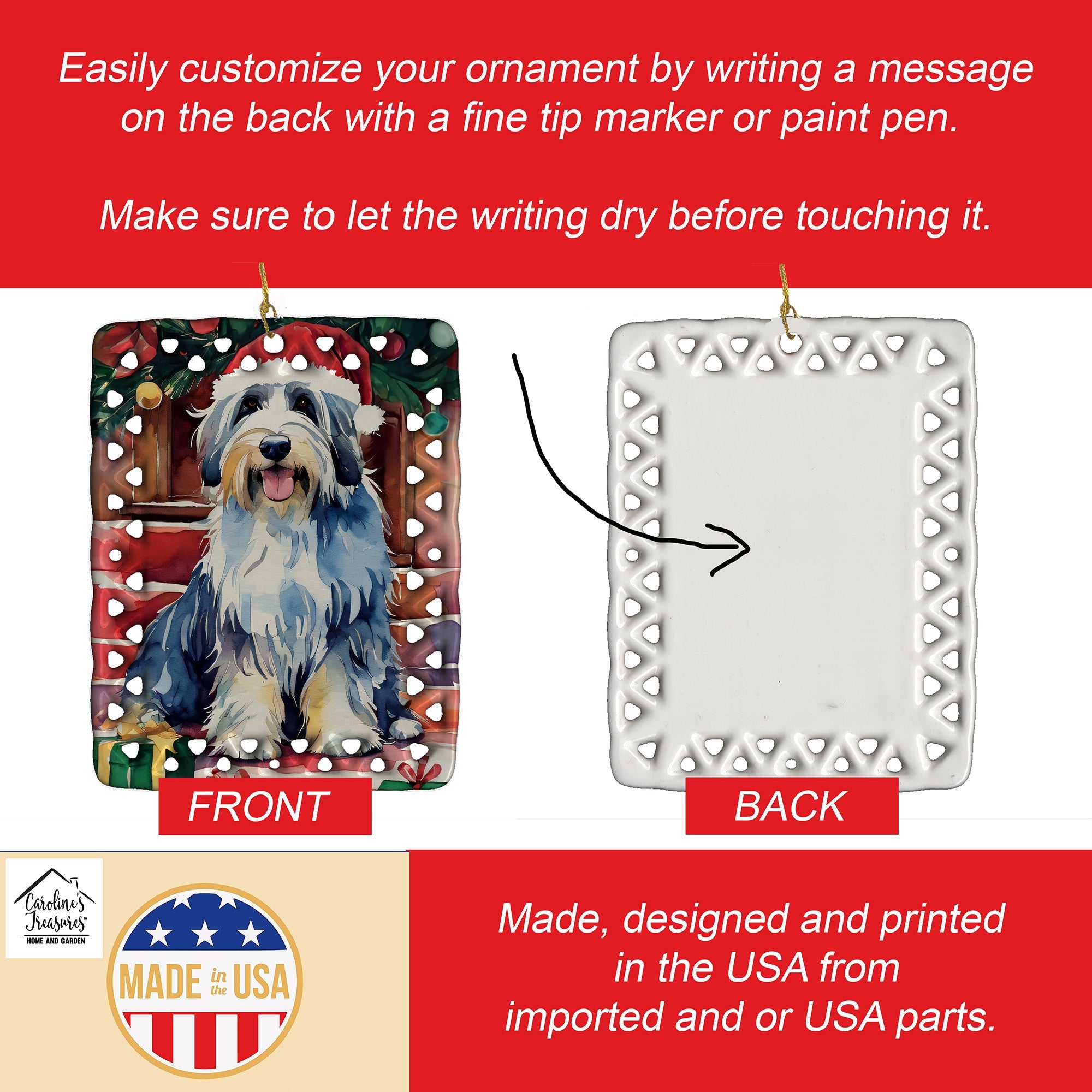 Bearded Collie Christmas Porcelain Ornament Christmas Tree Hanging Decorations for Home Christmas Holiday, Rectangle, Gift, Multicolor