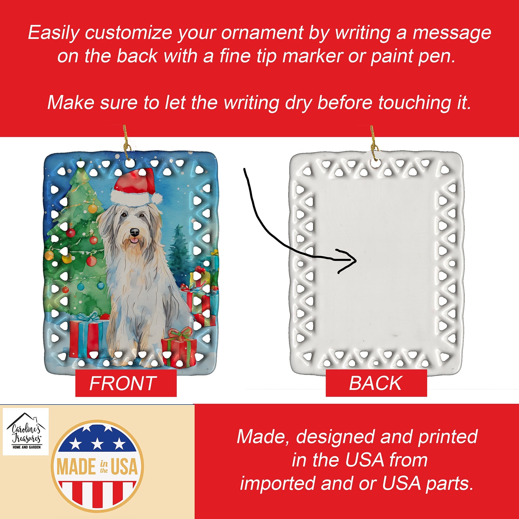 Bearded Collie Christmas Porcelain Ornament Christmas Tree Hanging Decorations for Home Christmas Holiday, Rectangle, Gift, Multicolor