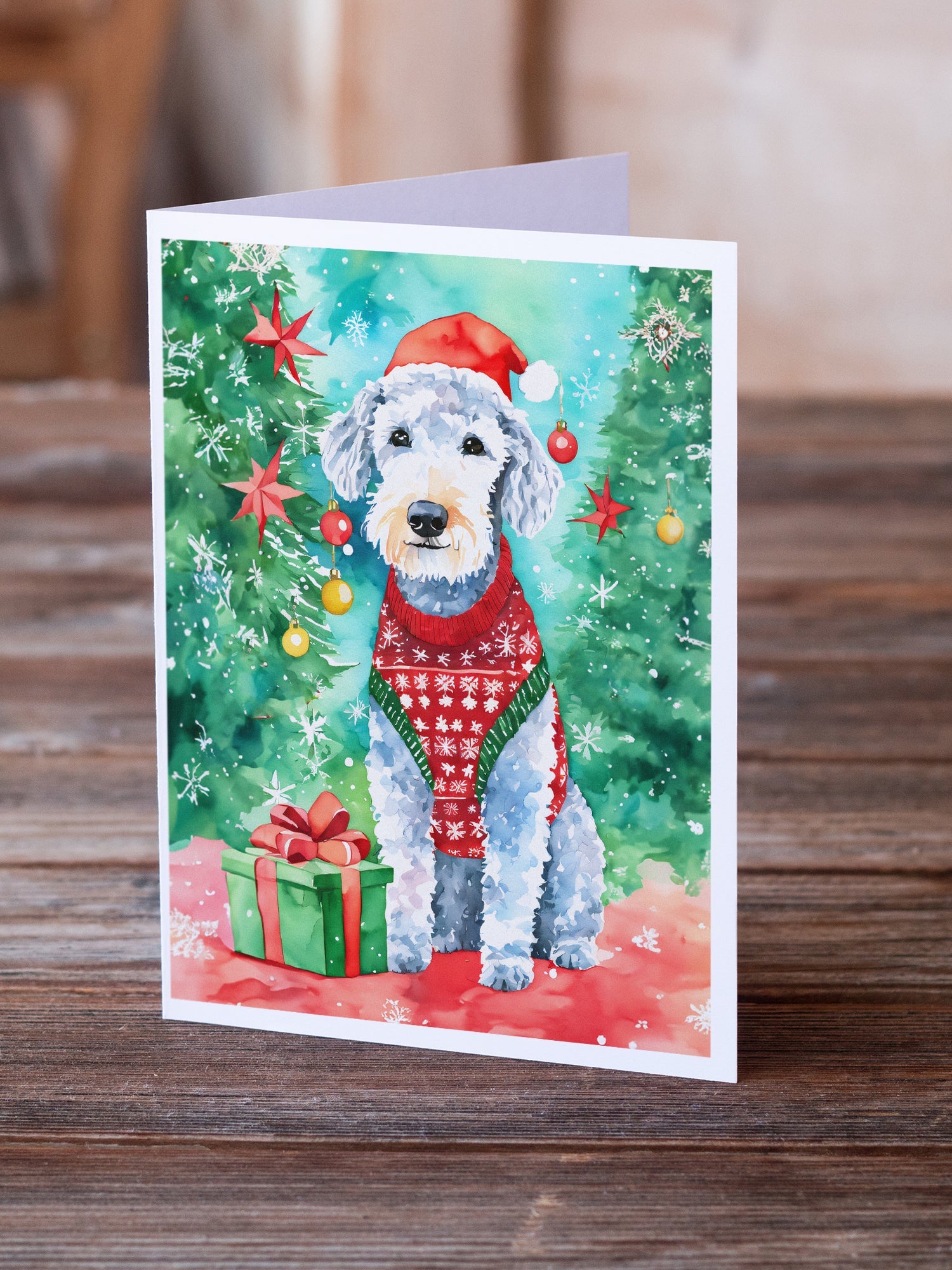 Bedlington Terrier Christmas Greeting Cards Pack of 8 Blank Cards with Envelopes Whimsical A7 Size 5x7
