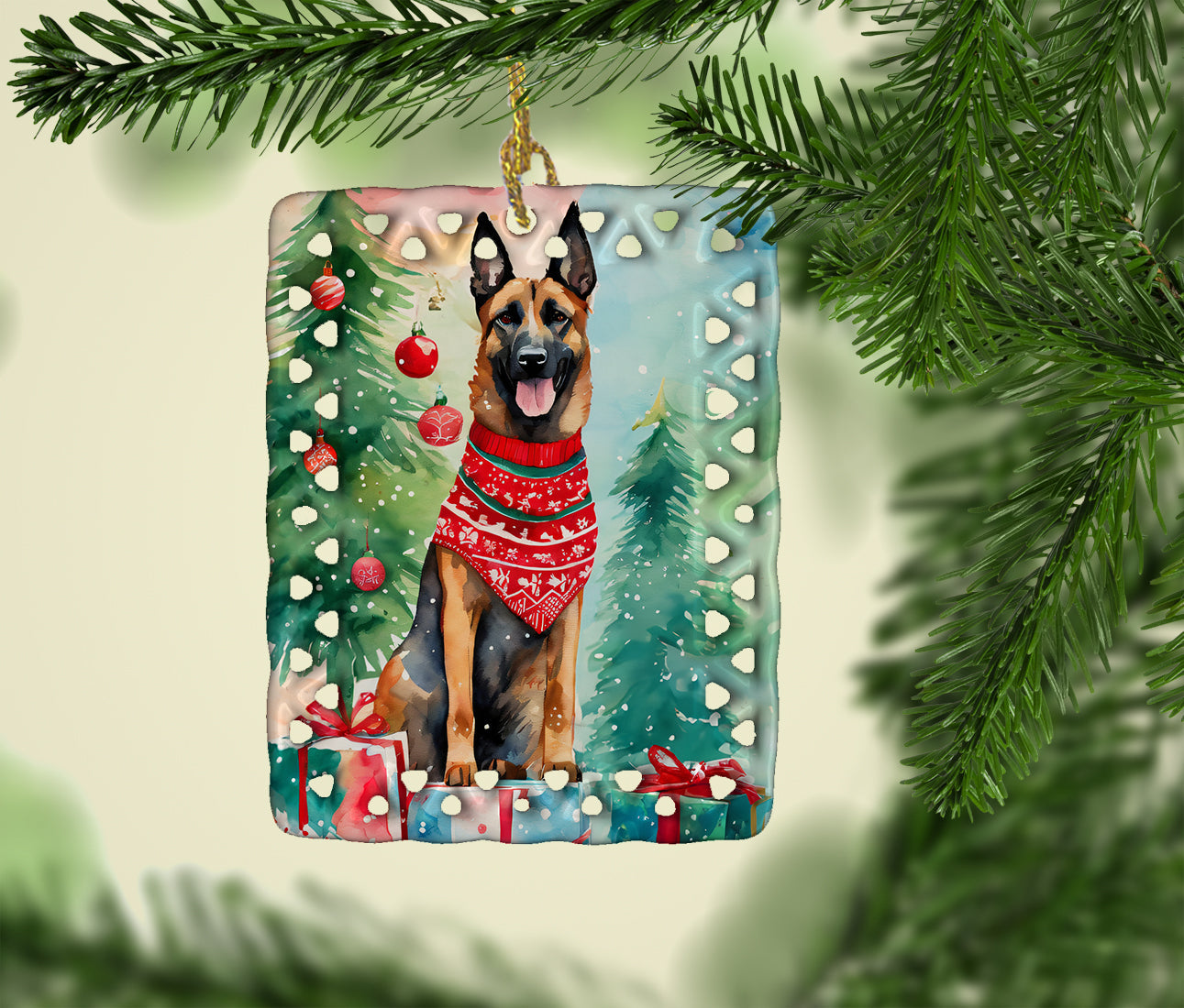 Belgian Malinois Christmas Porcelain Ornament Christmas Tree Hanging Decorations for Home Christmas Holiday, Rectangle, Gift, Multicolor