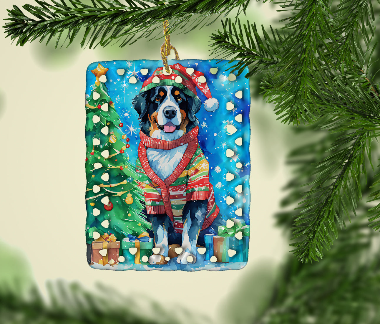 Bernese Mountain Dog Christmas Porcelain Ornament Christmas Tree Hanging Decorations for Home Christmas Holiday, Rectangle, Gift, Multicolor