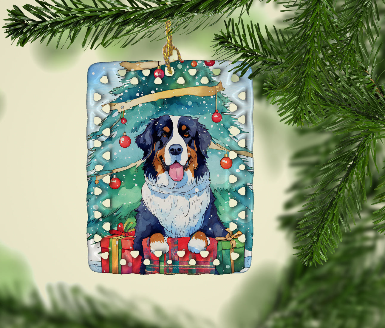 Bernese Mountain Dog Christmas Porcelain Ornament Christmas Tree Hanging Decorations for Home Christmas Holiday, Rectangle, Gift, Multicolor