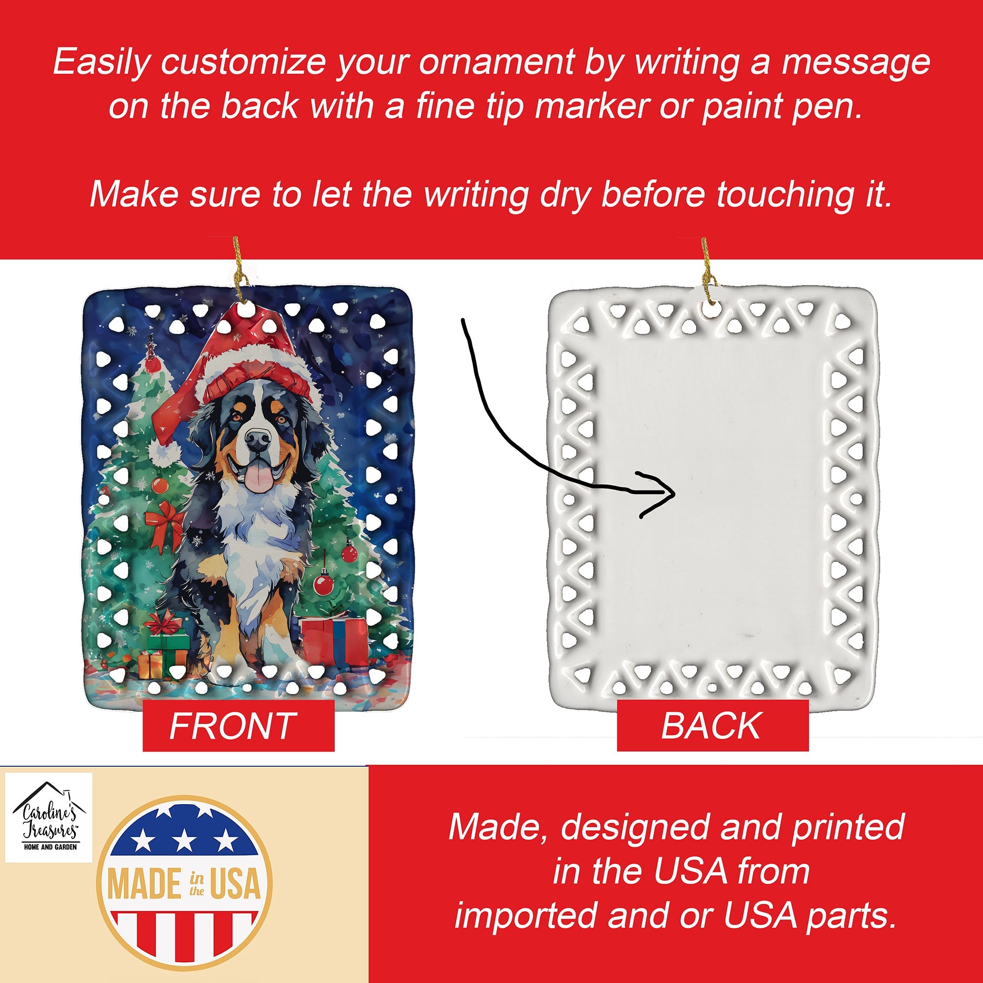 Bernese Mountain Dog Christmas Porcelain Ornament Christmas Tree Hanging Decorations for Home Christmas Holiday, Rectangle, Gift, Multicolor