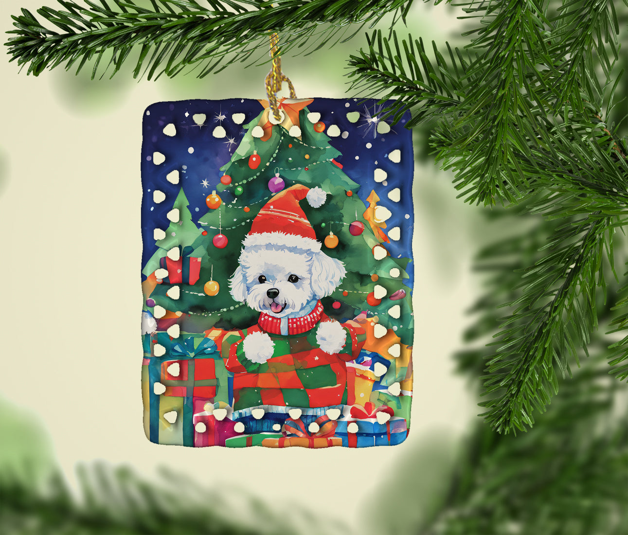 Bichon Frise Christmas Porcelain Ornament Christmas Tree Hanging Decorations for Home Christmas Holiday, Rectangle, Gift, Multicolor
